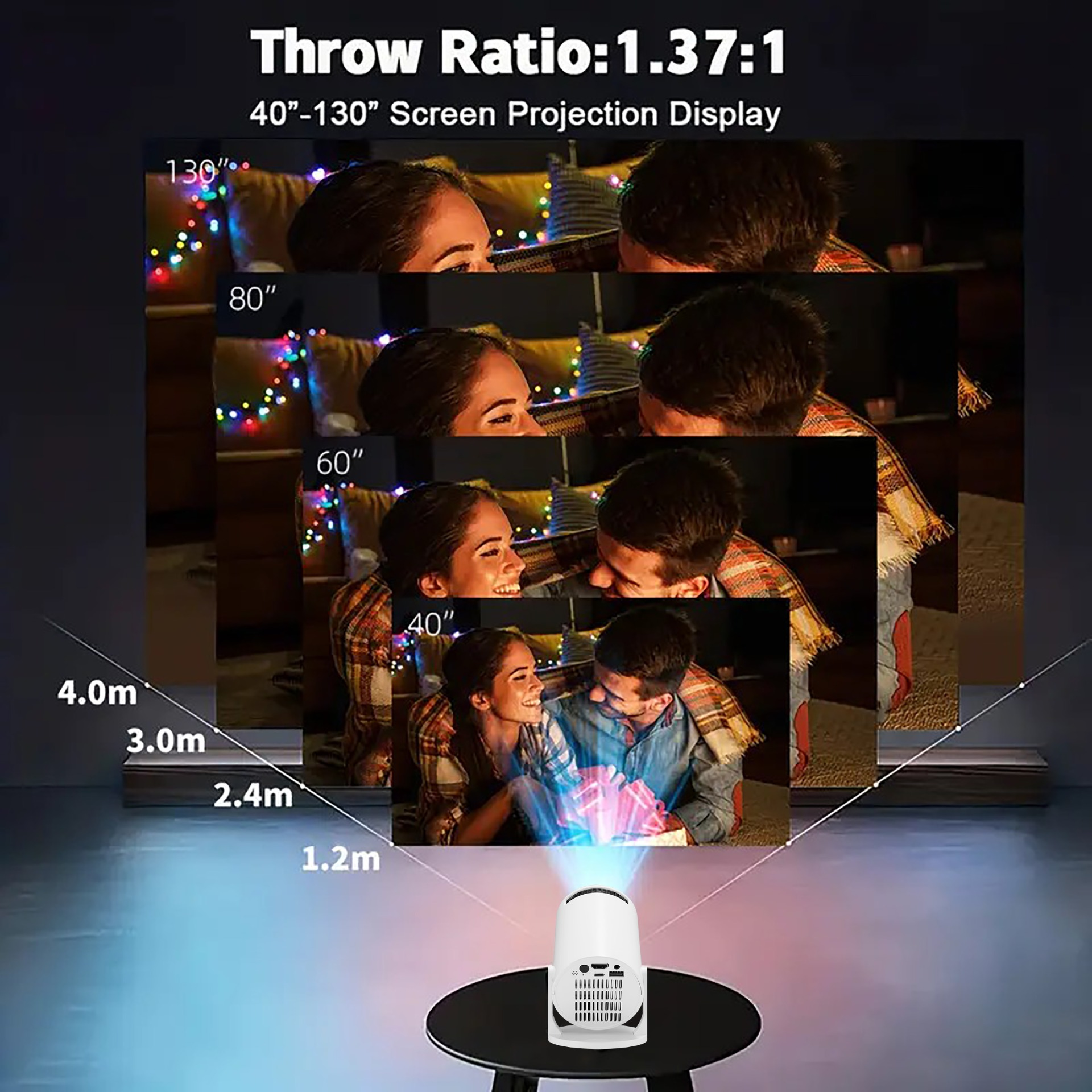 Projektor wyświetla parę otwierającą prezenty na ekranie, pokazując różne rozmiary ekranu.