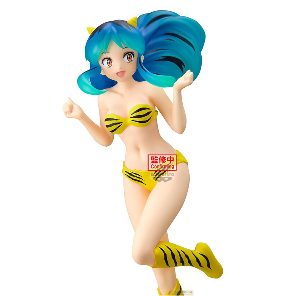 Figura anime di donna con capelli blu in bikini giallo a strisce tigrate.