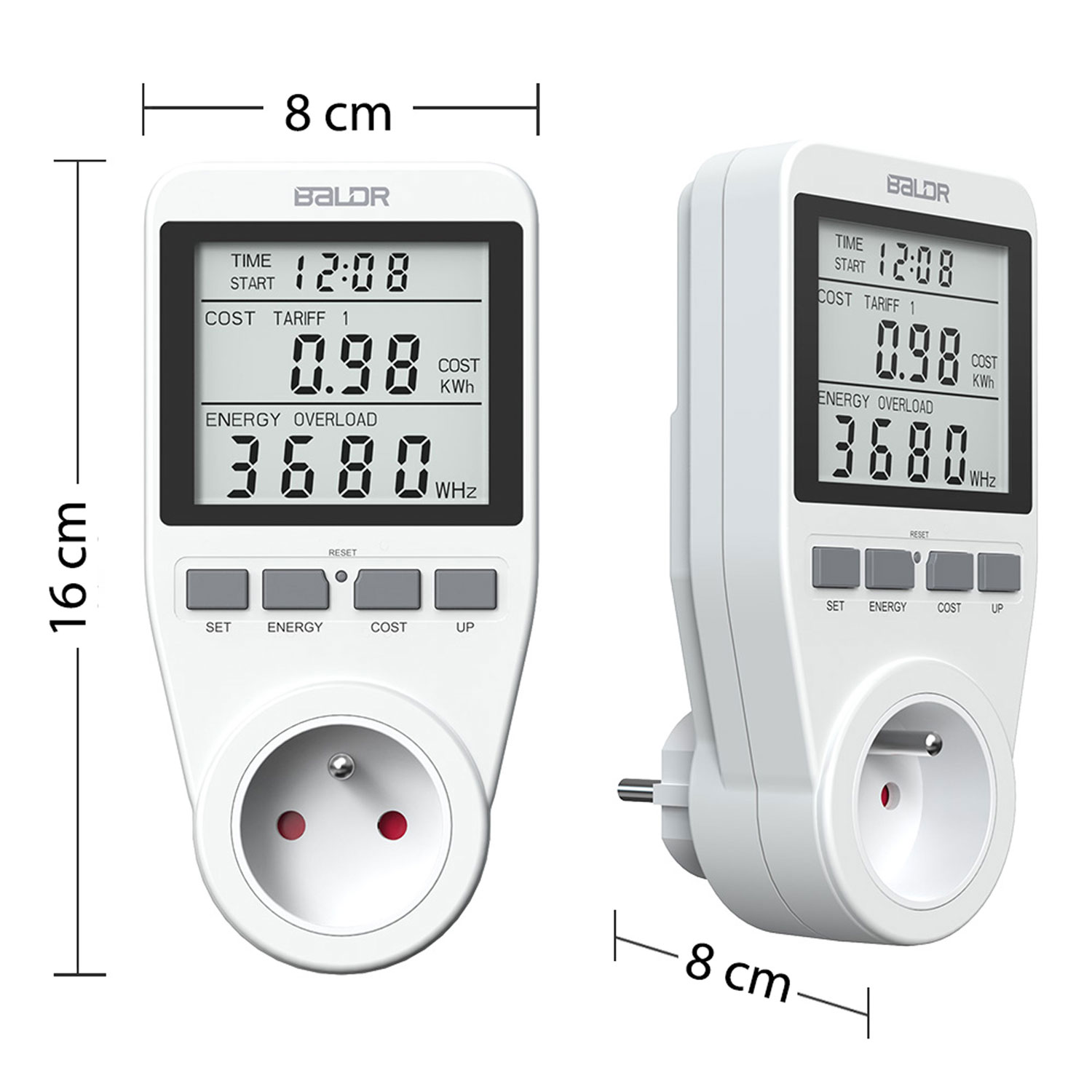 Biały miernik energii elektrycznej z ekranem LCD. Wymiary: 16cm x 8cm.