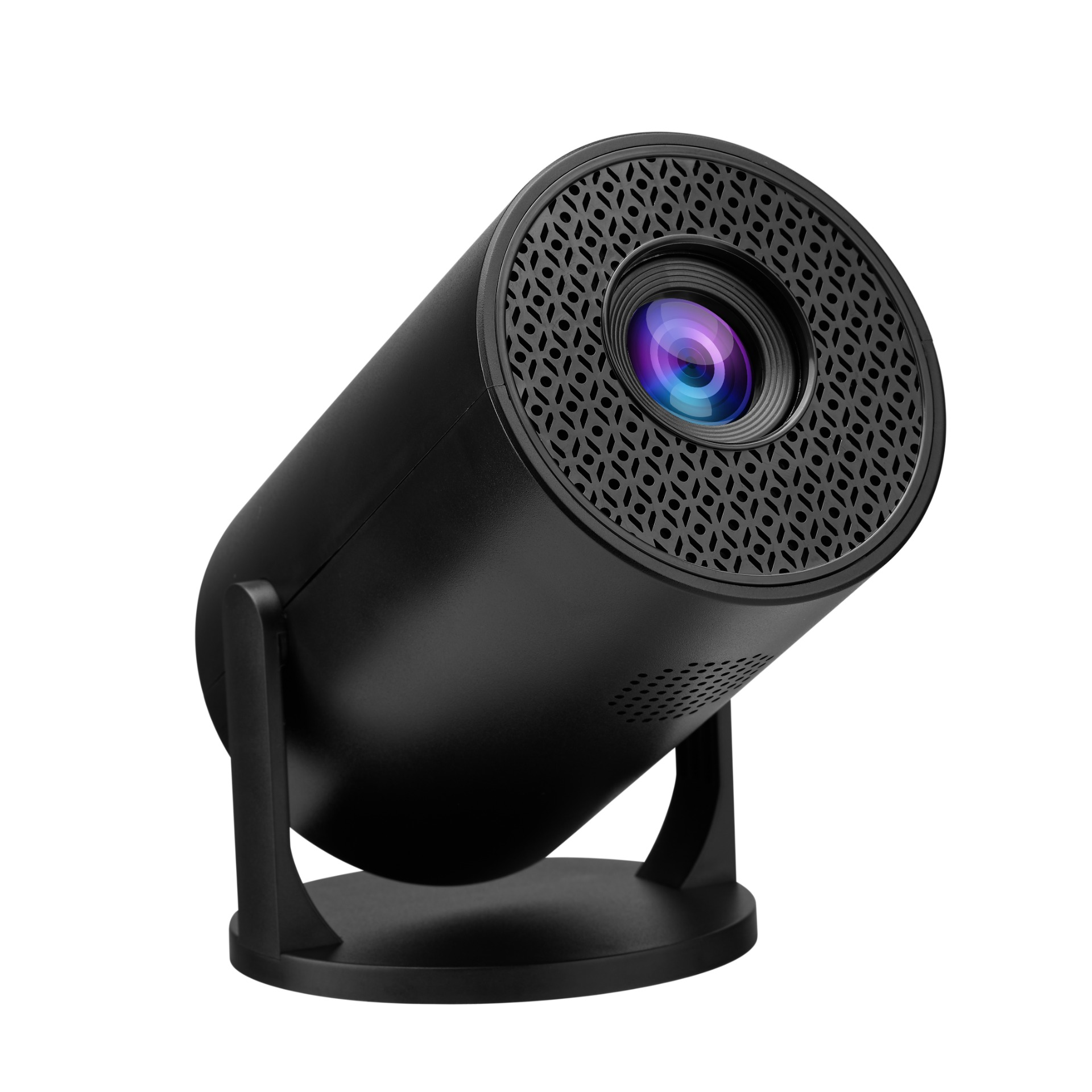 Czarny projektor z wzorzystą kratką i obiektywem.