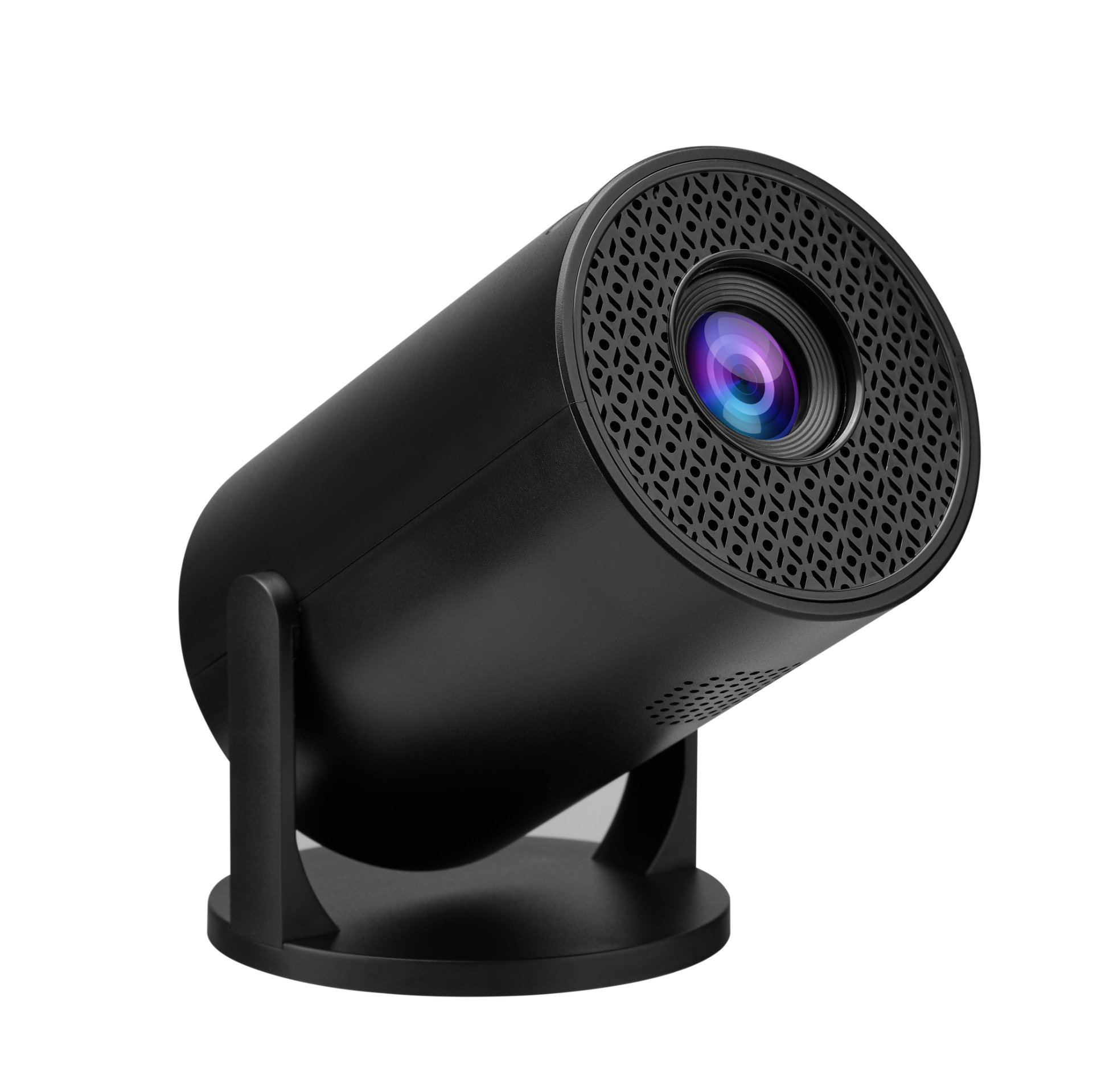 Czarny, cylindryczny projektor z ażurową osłoną i obiektywem, na podstawie.