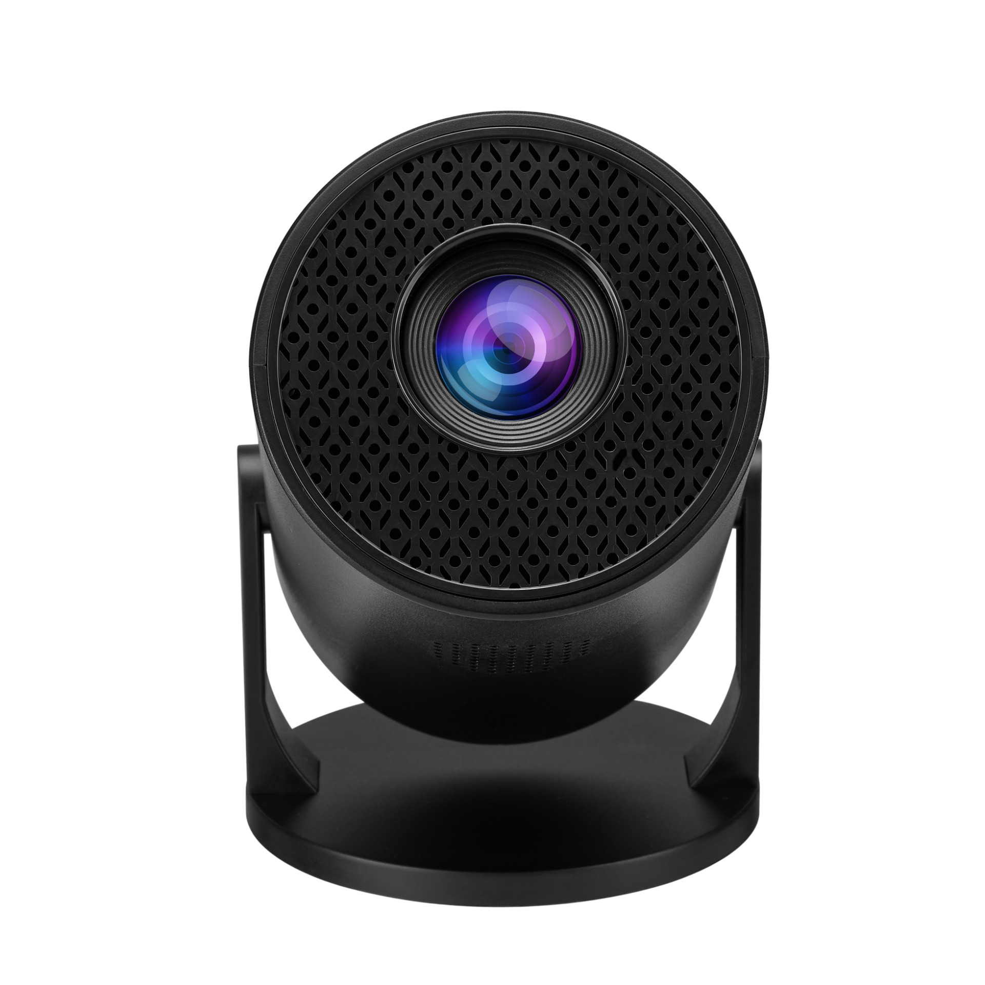 Czarny projektor z kratownicą i obiektywem.