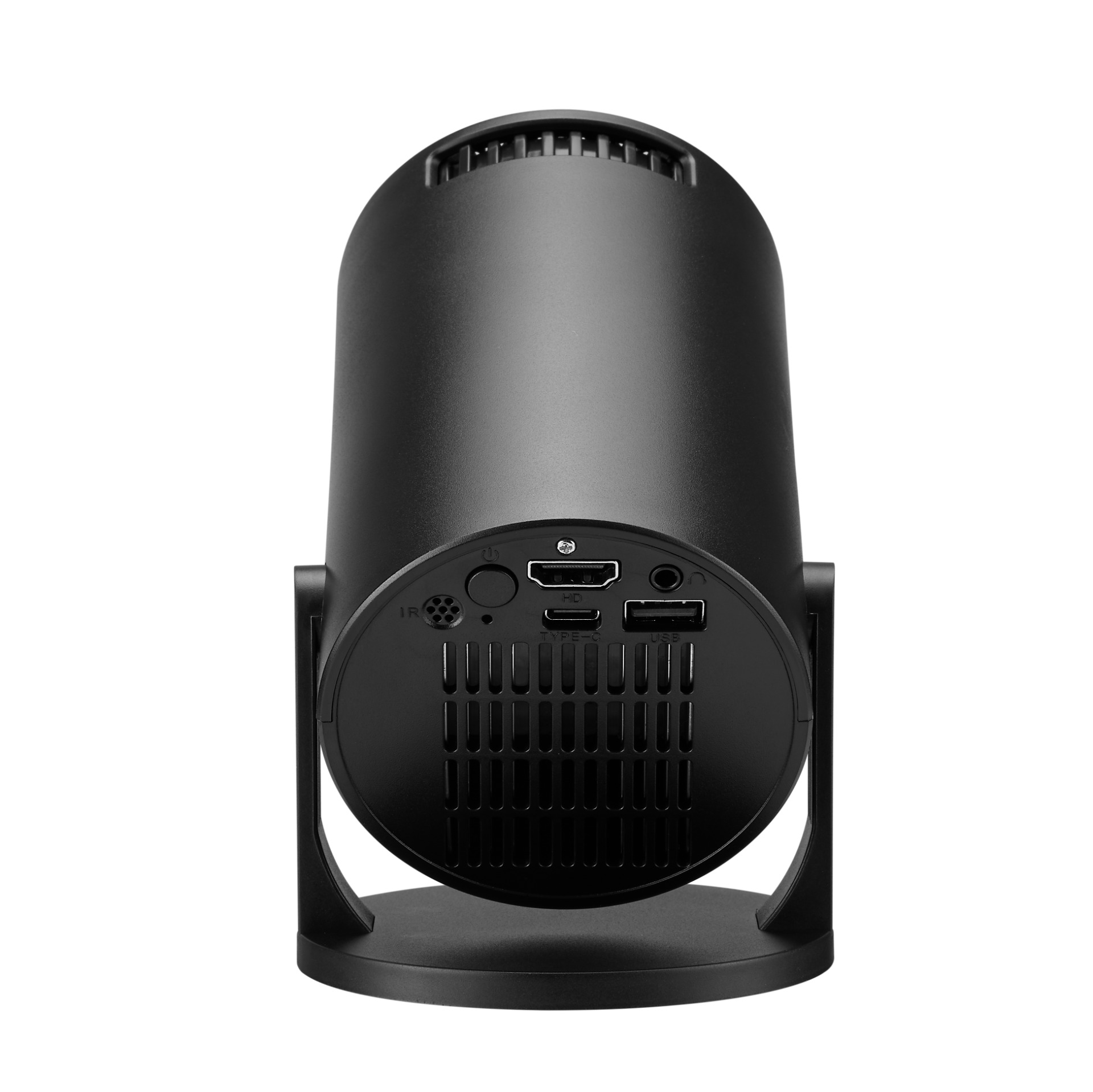 Czarny projektor z portami: IR, zasilanie, HDMI, Type-C, USB.