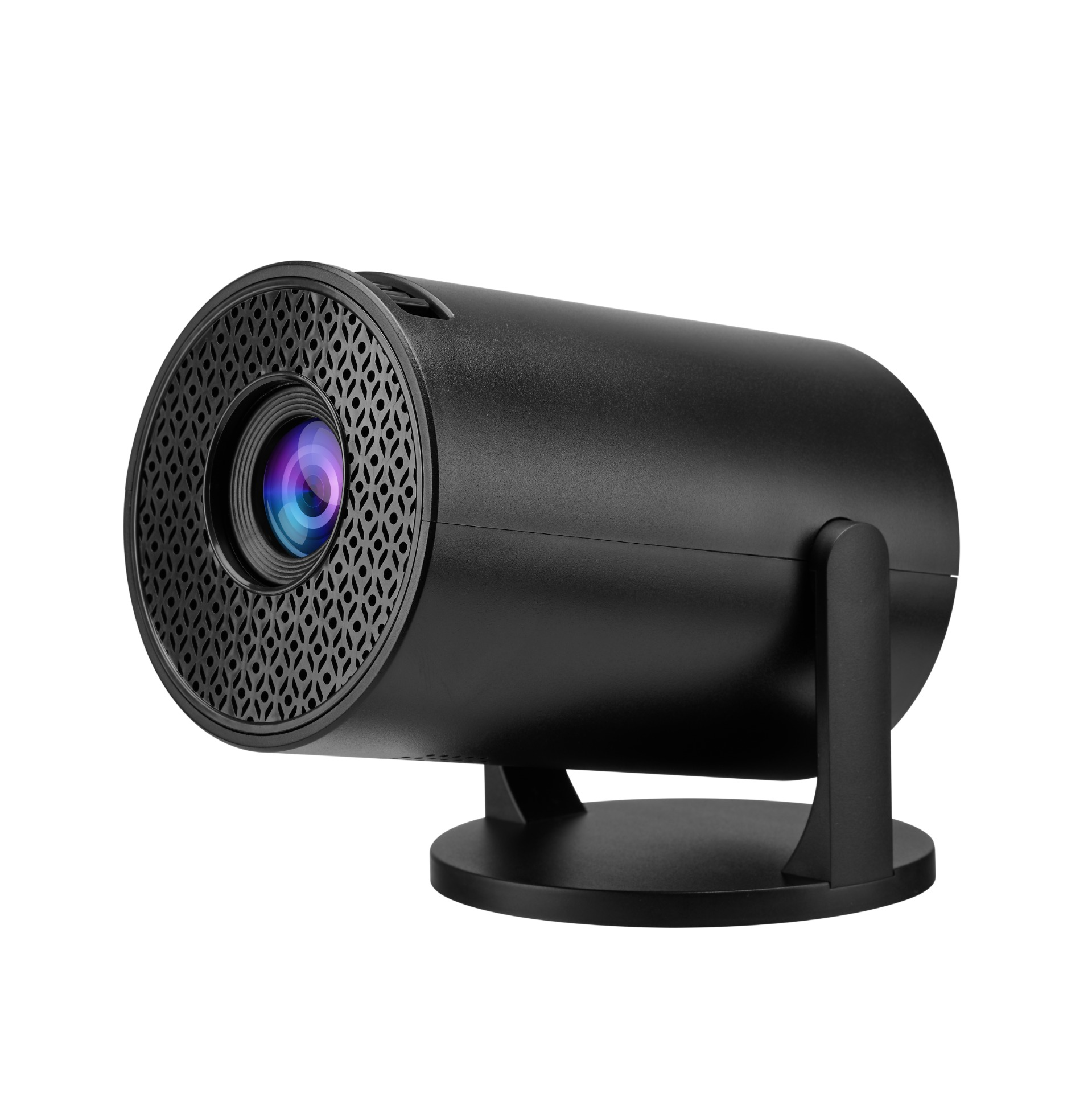 Czarny, cylindryczny projektor z obiektywem i podstawką.