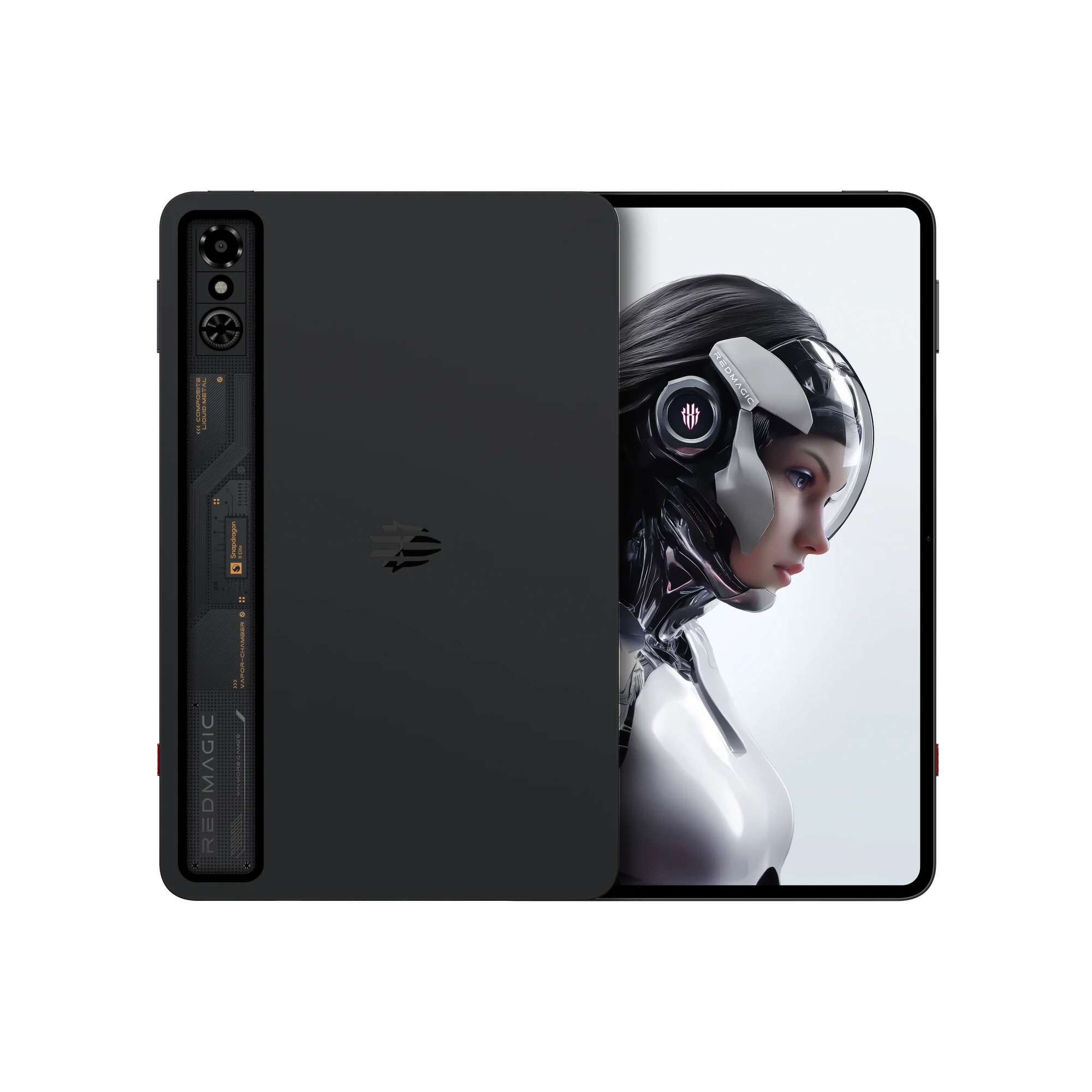 Czarny smartfon z głową cyborga na ekranie.