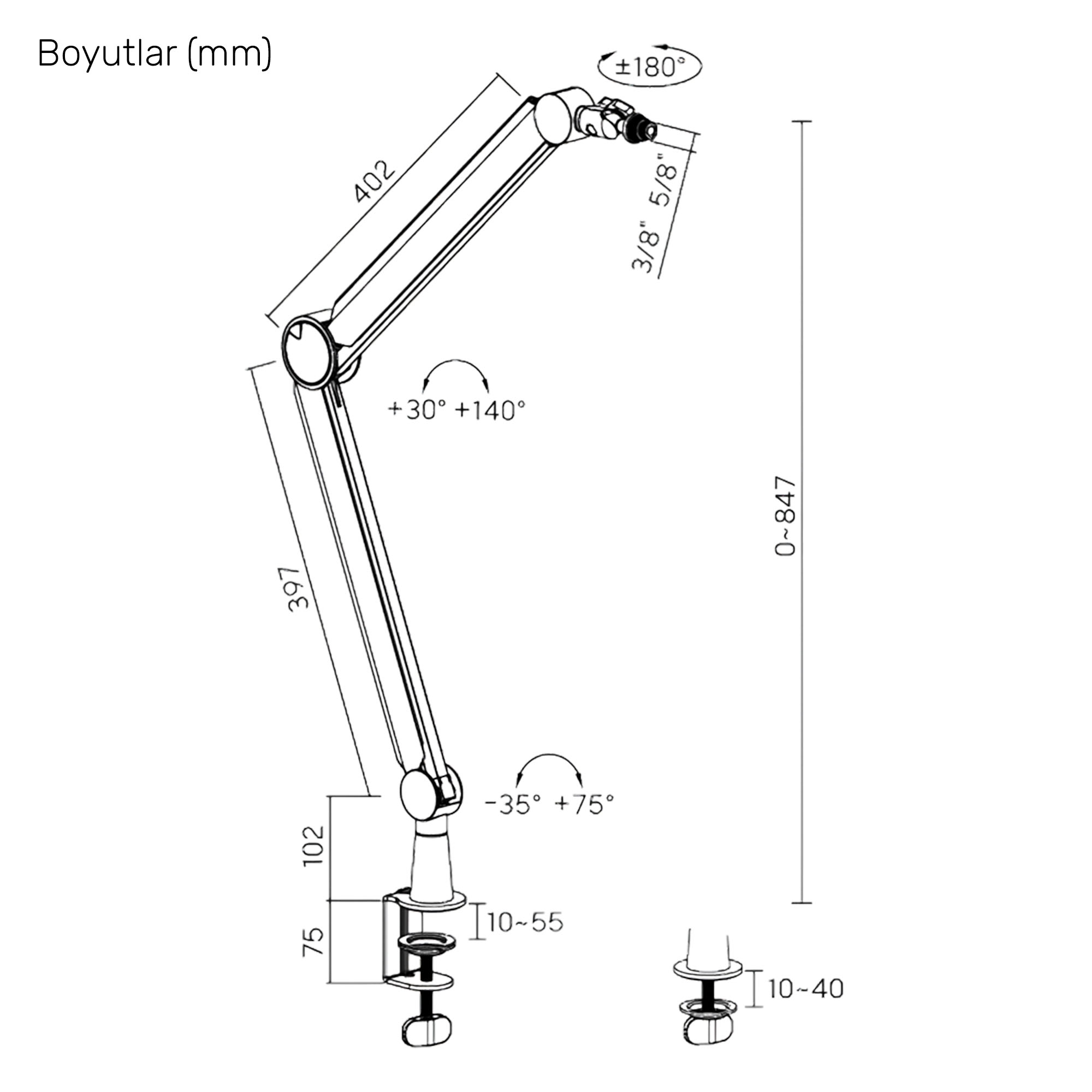 Boyutlar ve açı özellikleri içeren mikrofon kolunun teknik çizimi.