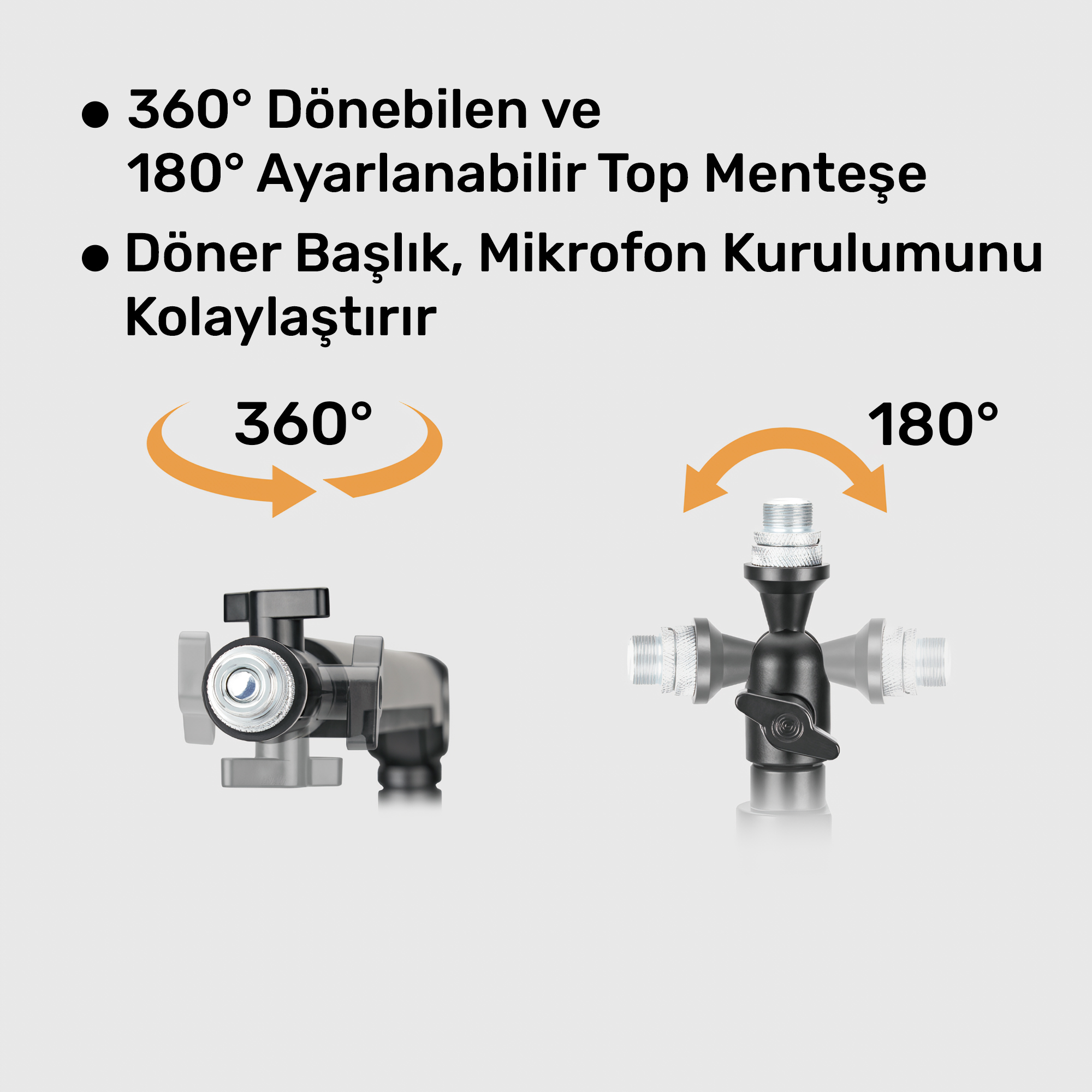 Etiketli 360° ve 180° ayar için siyah döner kollar.