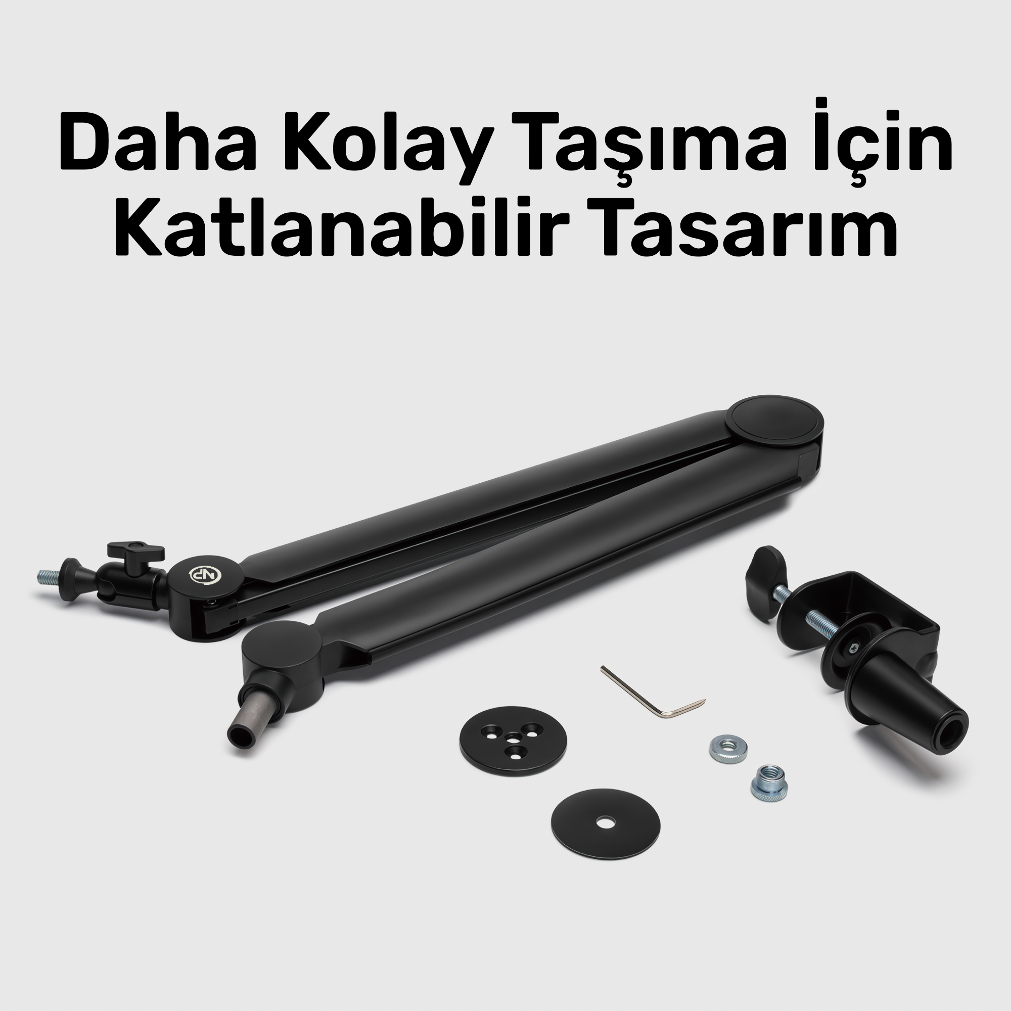 Siyah, katlanabilir mikrofon kolu, montaj kelepçeleri ve aletleri gri arka planda.