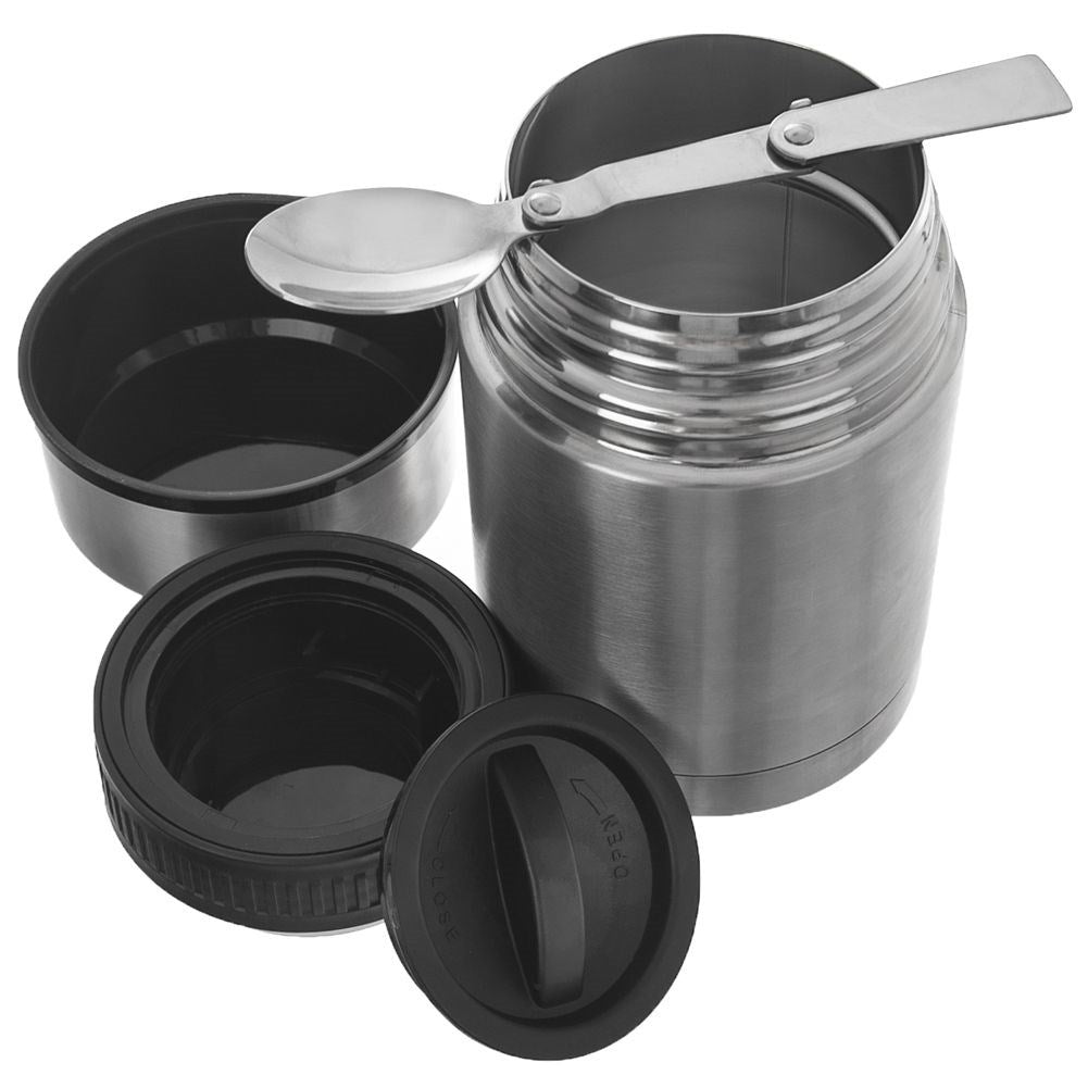 Un termo plateado con cuchara y tapas negras.
