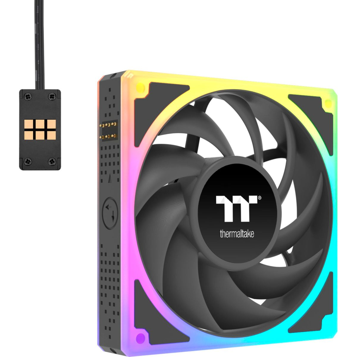 Ein schwarzer PC-Lüfter mit RGB-Beleuchtung und ein schwarzer Anschlusskasten.