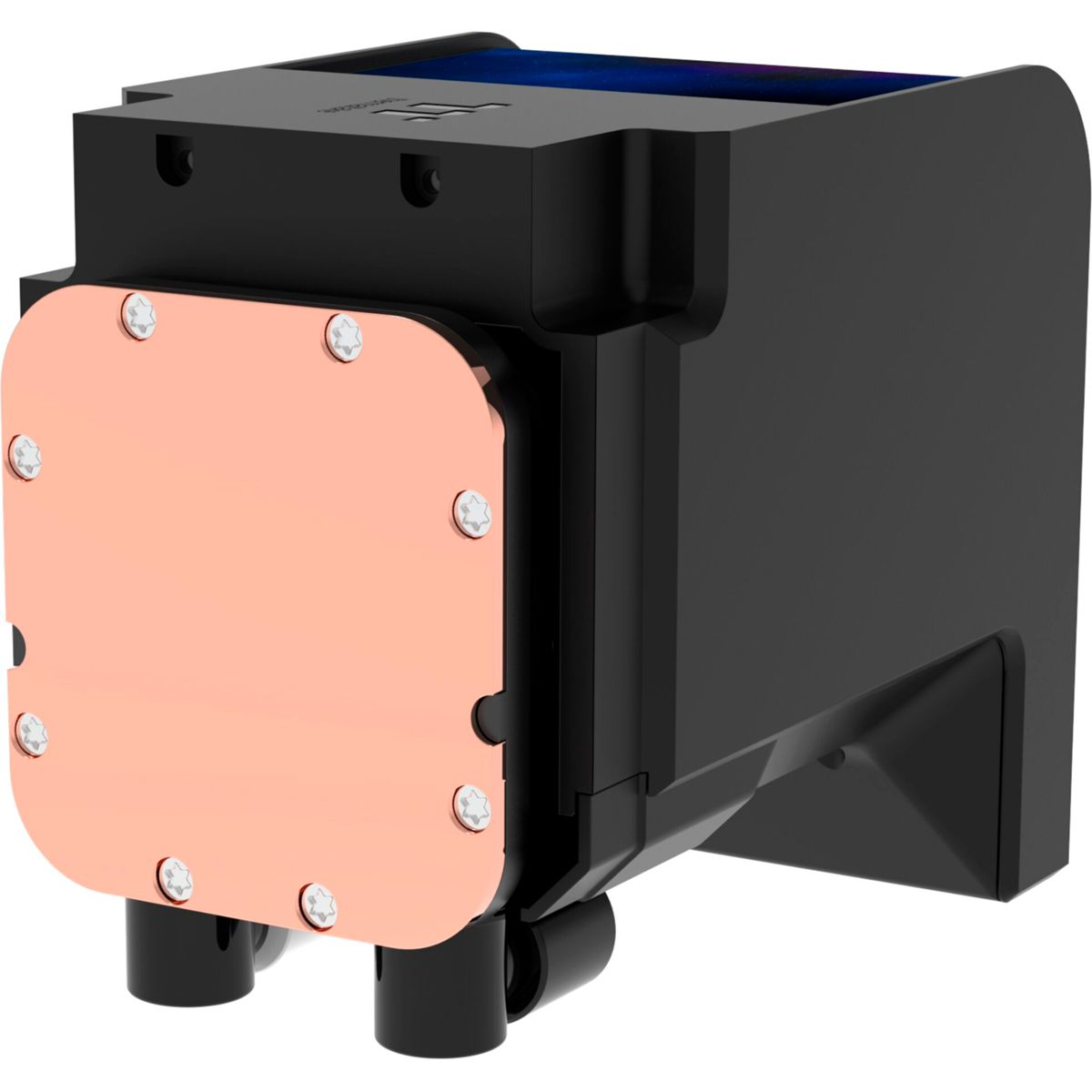 Schwarzer Computerkühler mit kupferfarbener Platte und silbernen Schrauben.