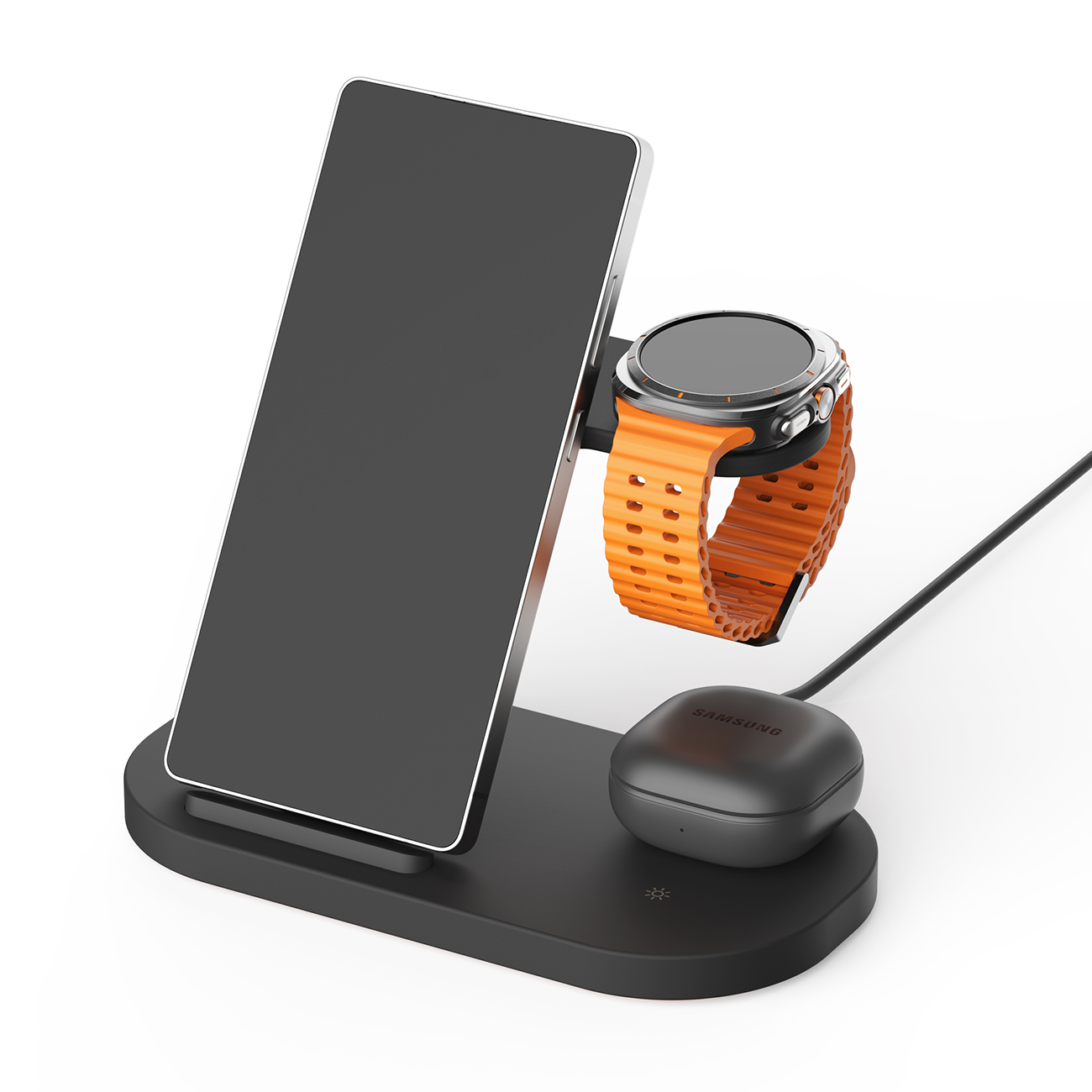 Schwarzes Ladegerät mit Handy, Uhr und Ohrhörern.