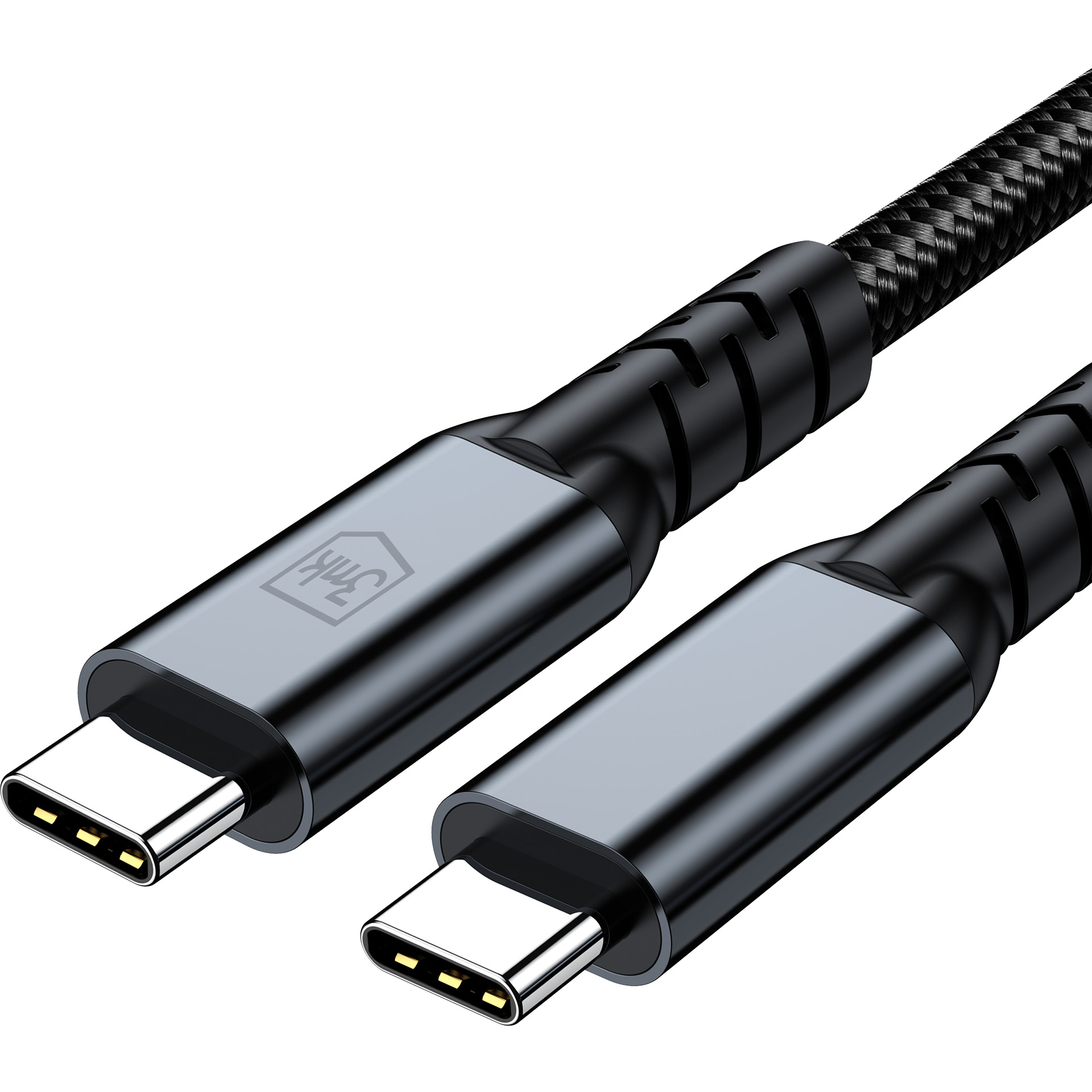 Czarny pleciony kabel USB-C z szarymi złączami i logo. Widoczne dwa końce USB-C.