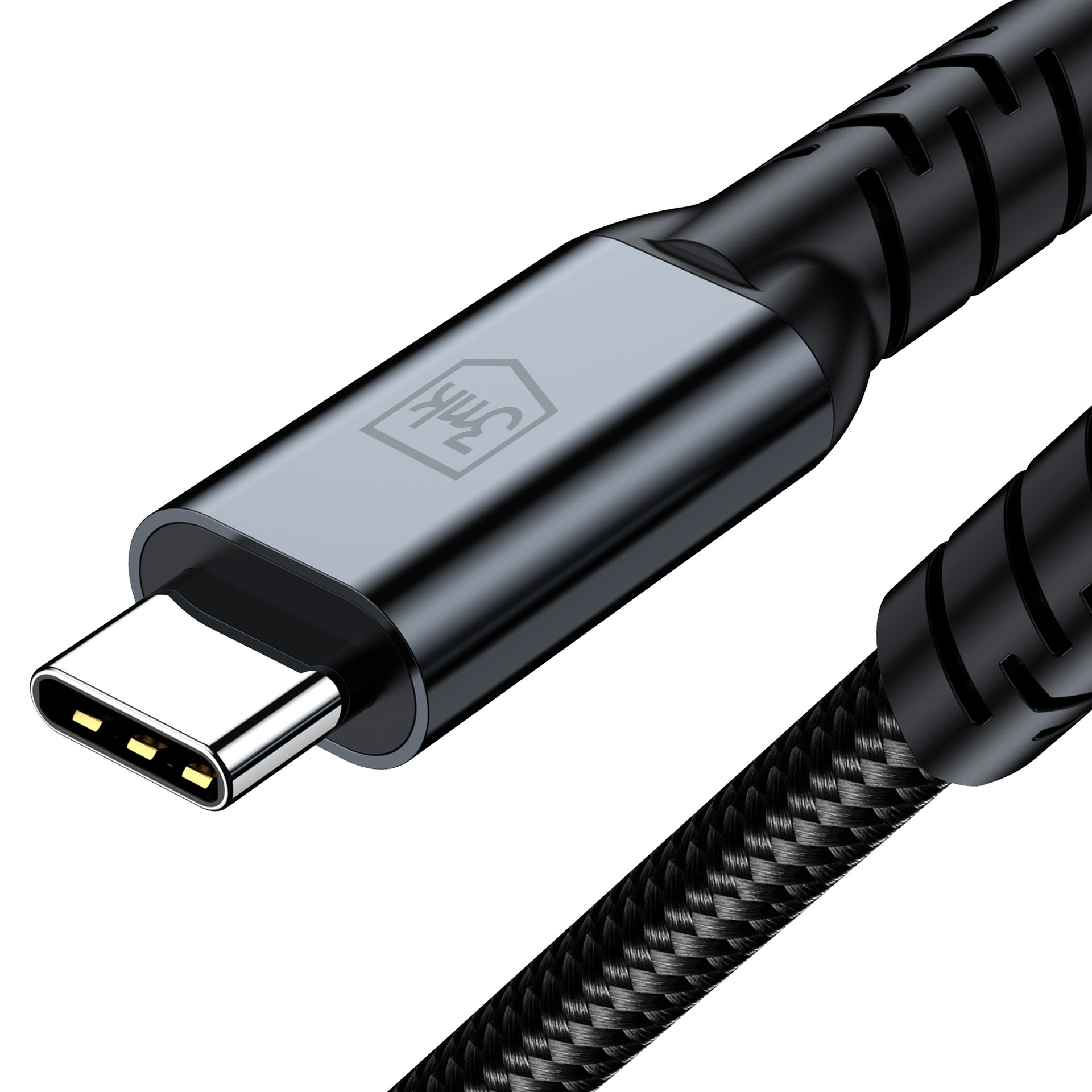Czarny kabel USB-C ze srebrnym złączem i logo.