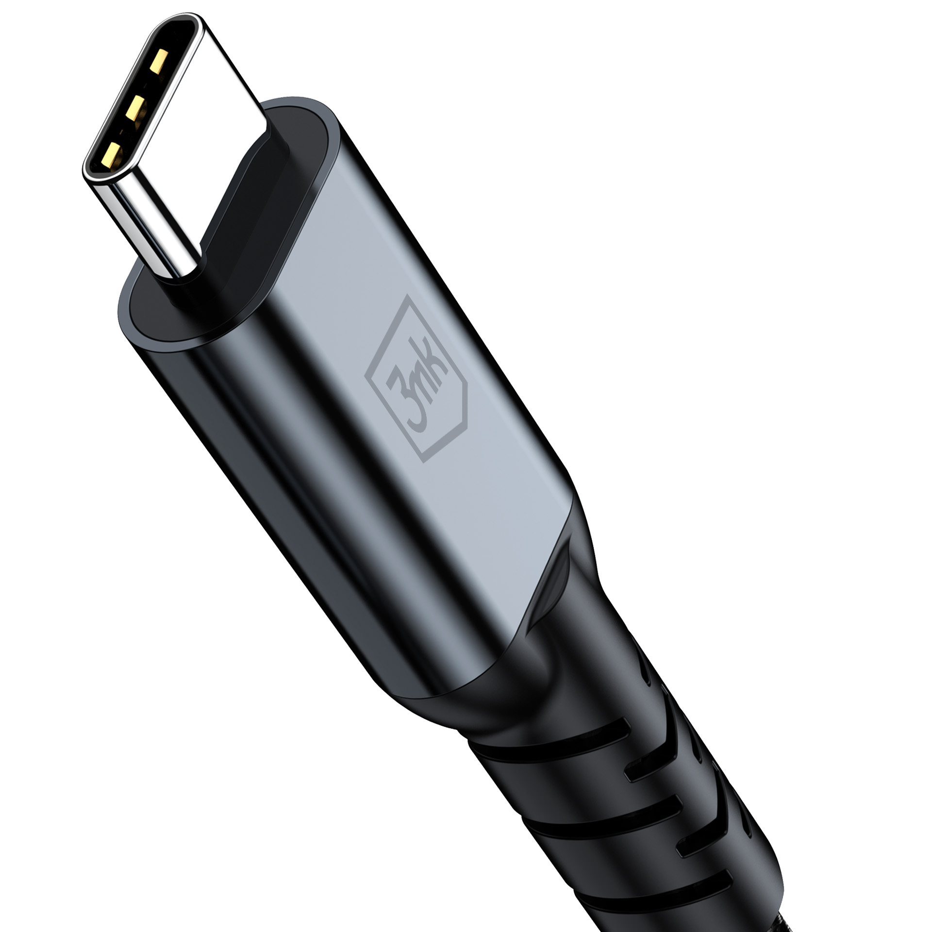 Szary kabel USB-C ze srebrną wtyczką i czarnym teksturowanym uchwytem.