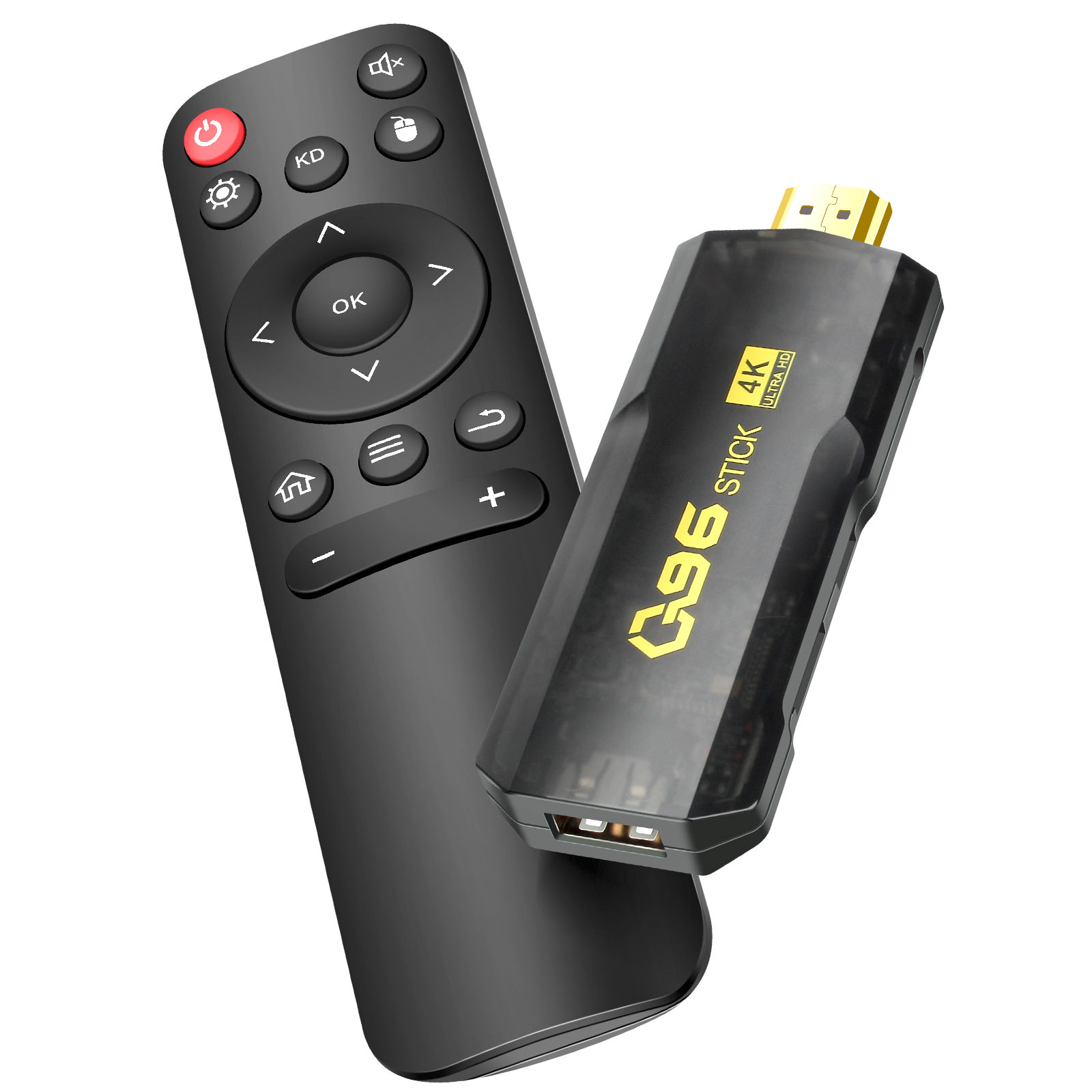 Telecomando nero accanto a uno stick di streaming nero con logo 4K.