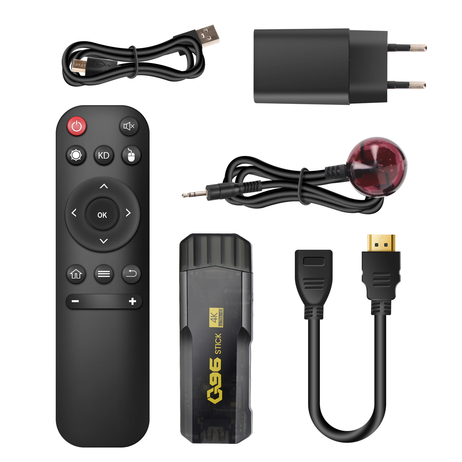 Un media player stick, telecomando, alimentatore, cavi USB e HDMI.