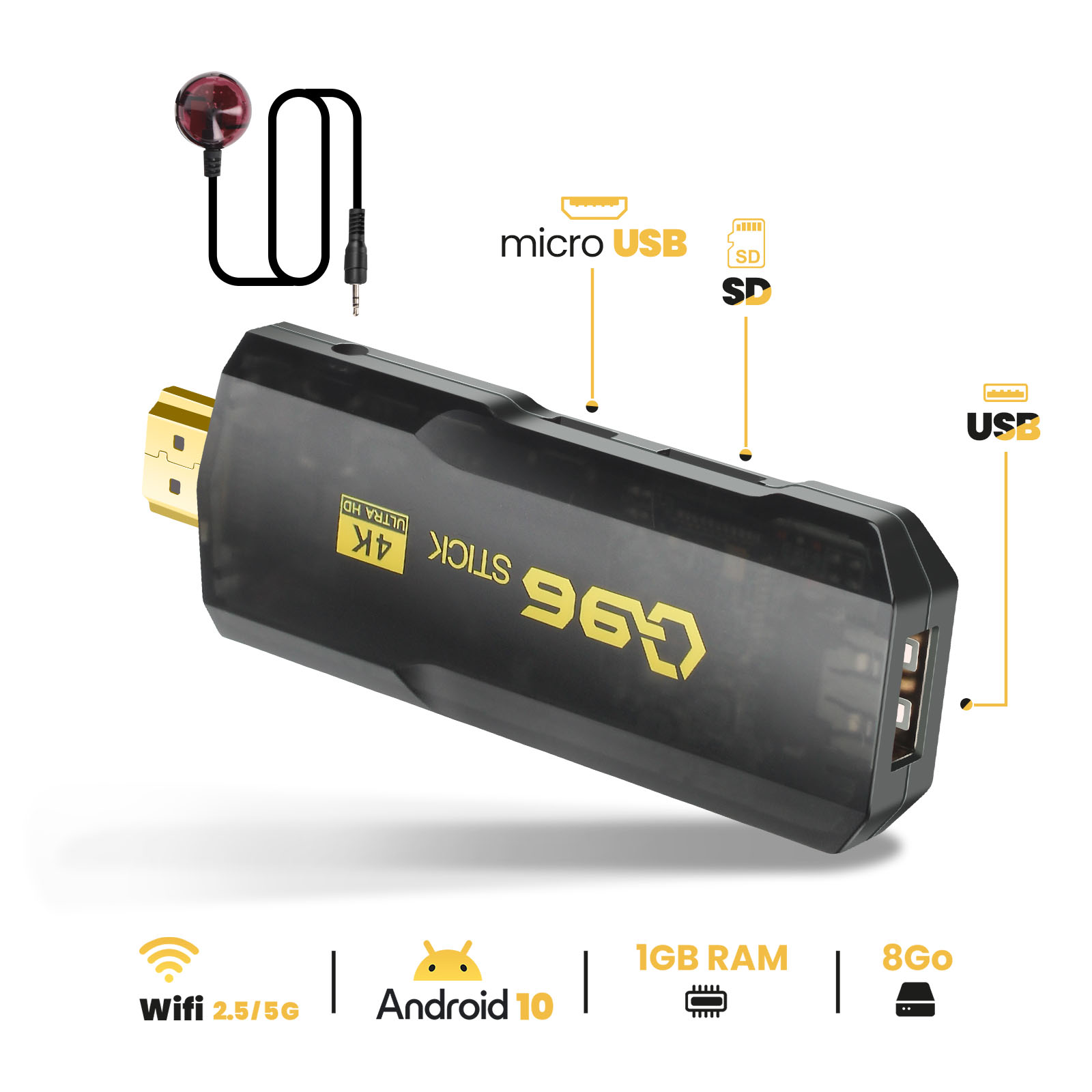 Stick di streaming 4K nero con porte e specifiche mostrate.
