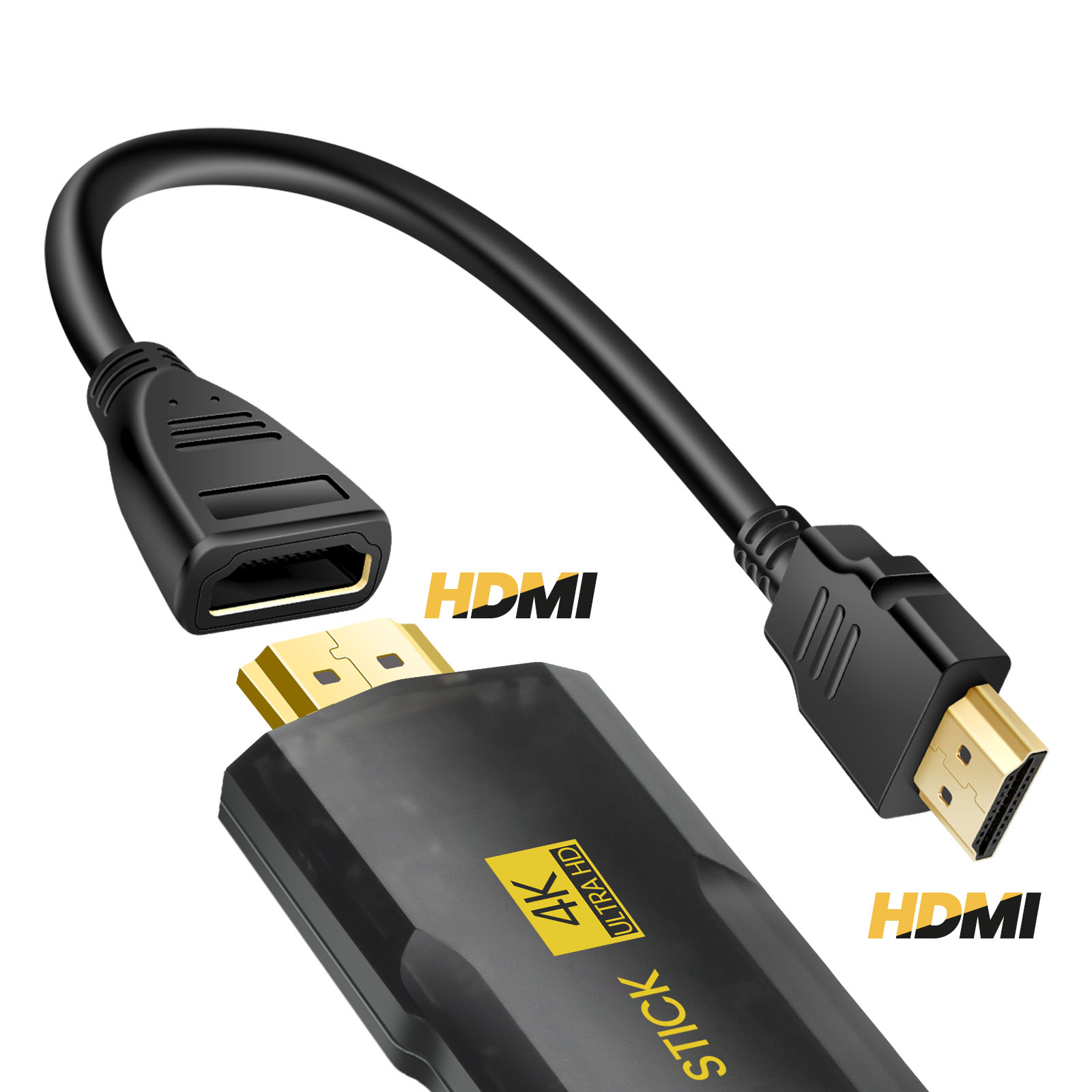 Un cavo HDMI nero con stick 4K Ultra HD. Connettori dorati visibili.