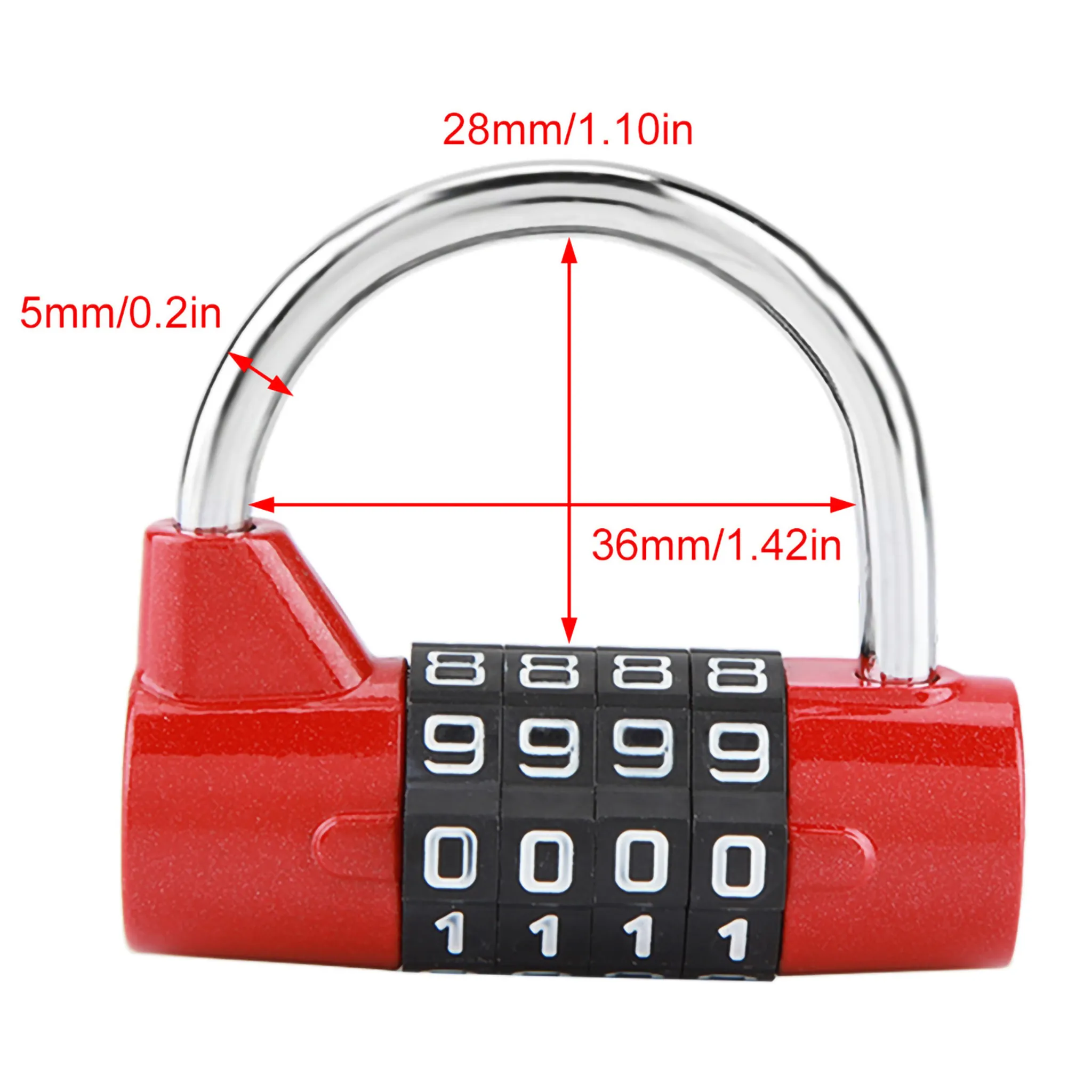 Rotes Zahlenschloss mit 4 Zifferrädern, eingestellt auf 8888.