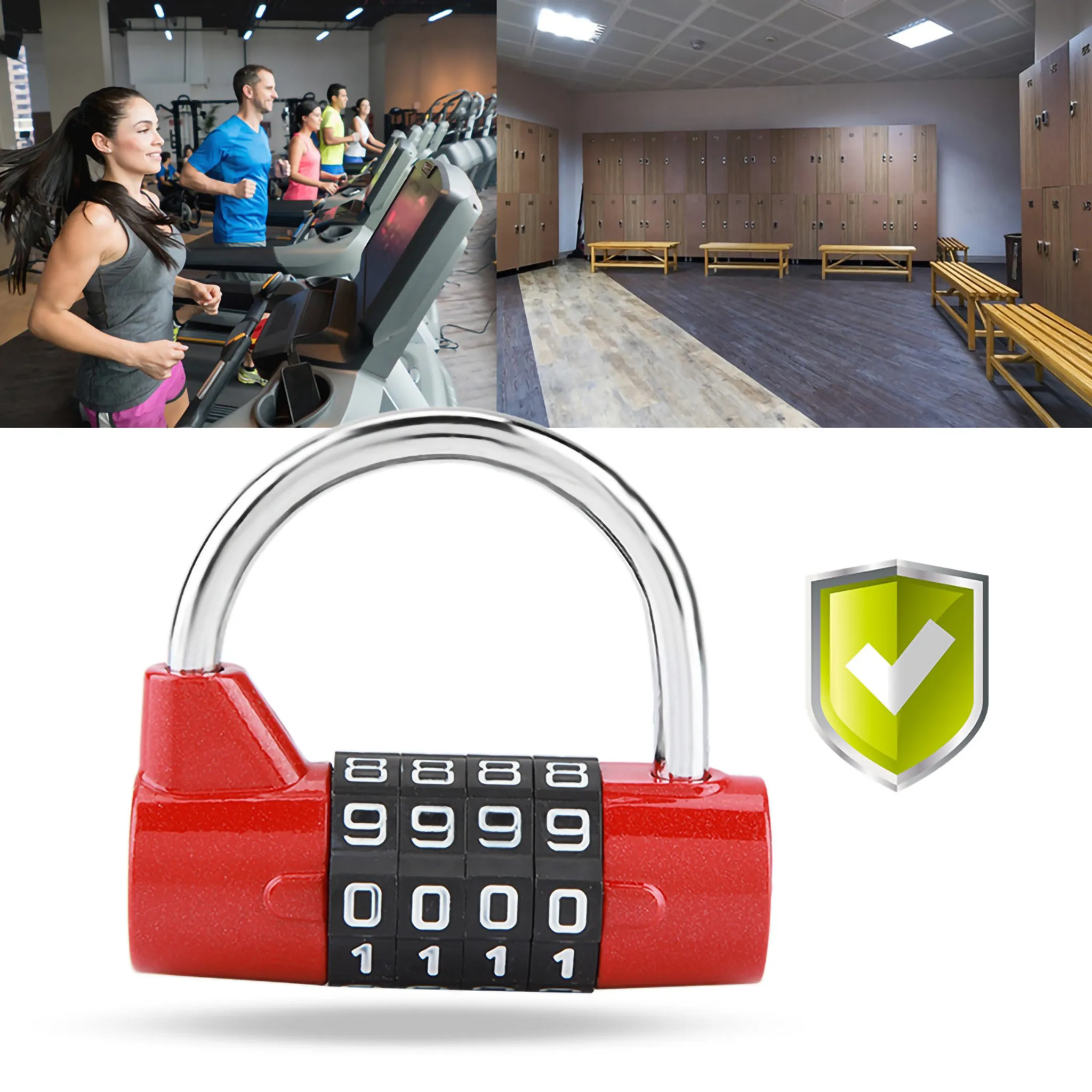 Fitnessstudio mit Laufbändern, Umkleideraum und rotem Zahlenschloss.
