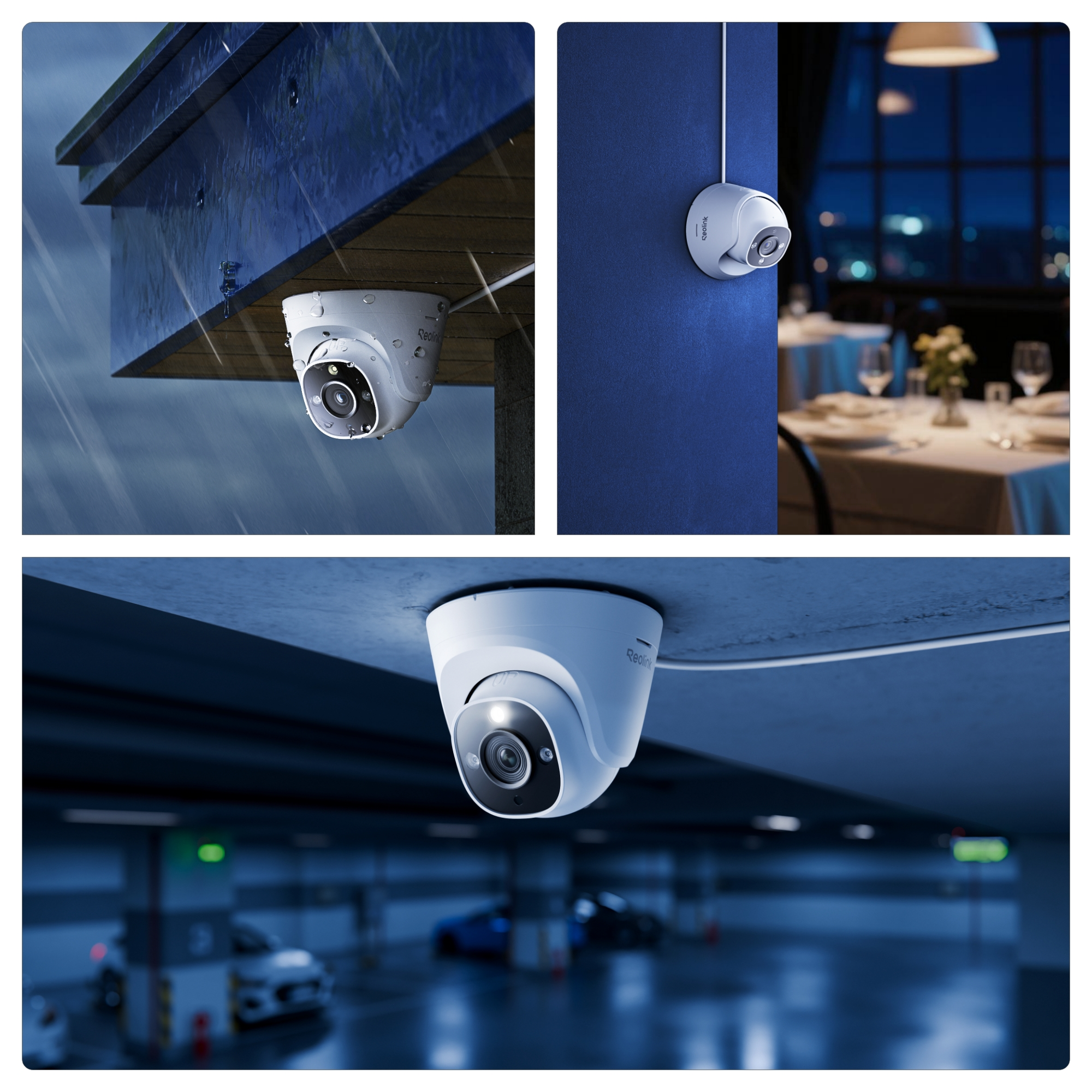 Tre telecamere di sicurezza in diversi ambienti: pioggia, ristorante, parcheggio.