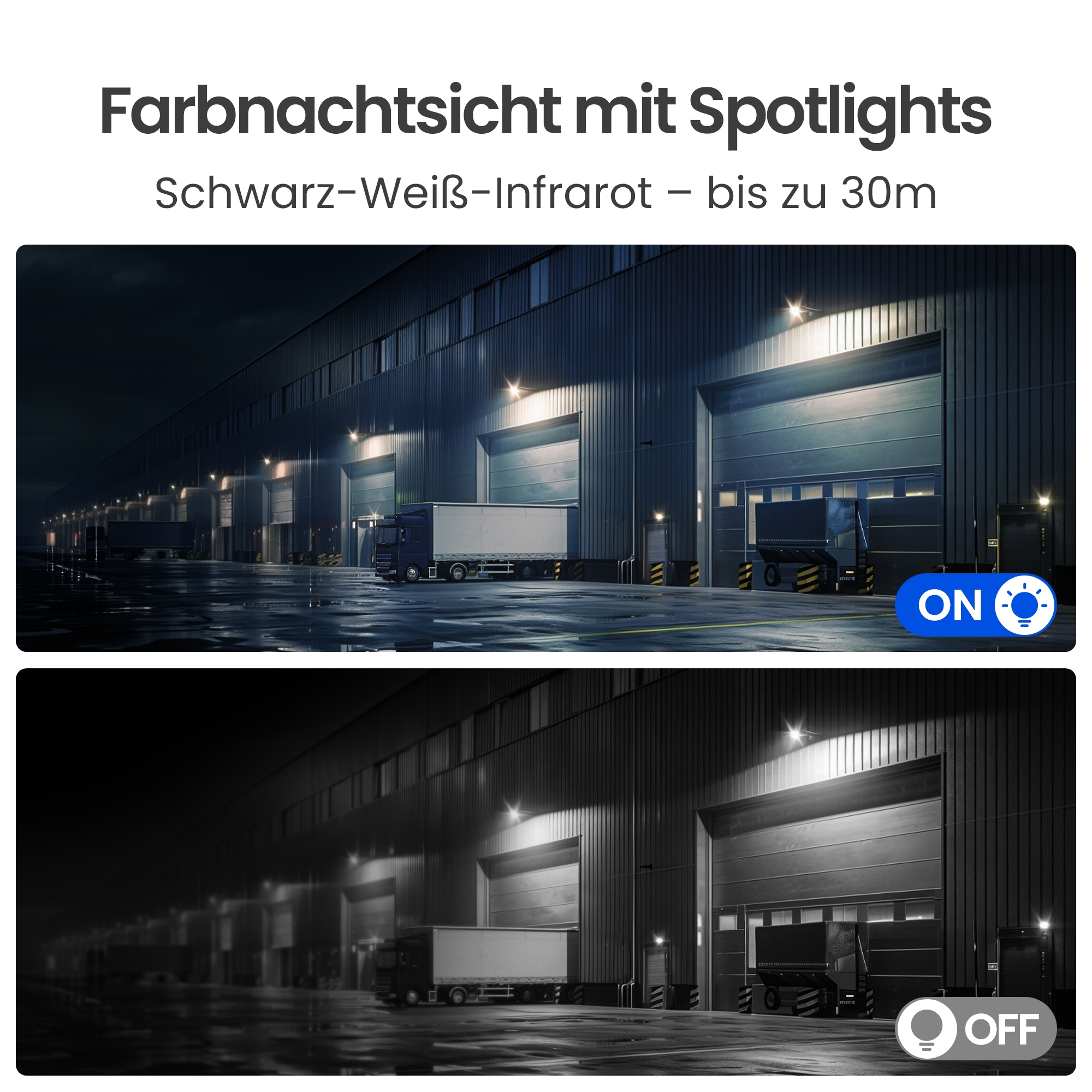 Nachtsichtvergleich: Oben Farbe, unten Schwarz-Weiß-Infrarotansicht.
