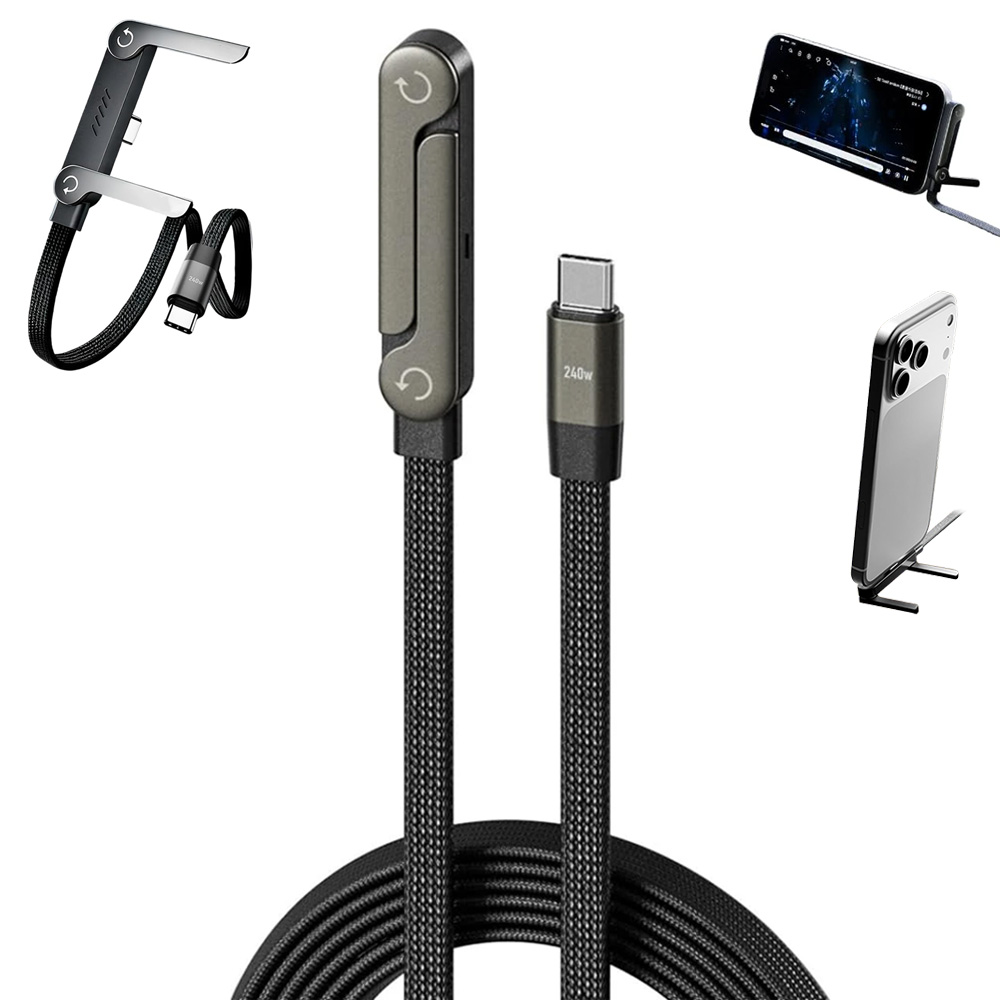 Ein Ladekabel mit USB-C-Anschlüssen und zwei Telefonständern.