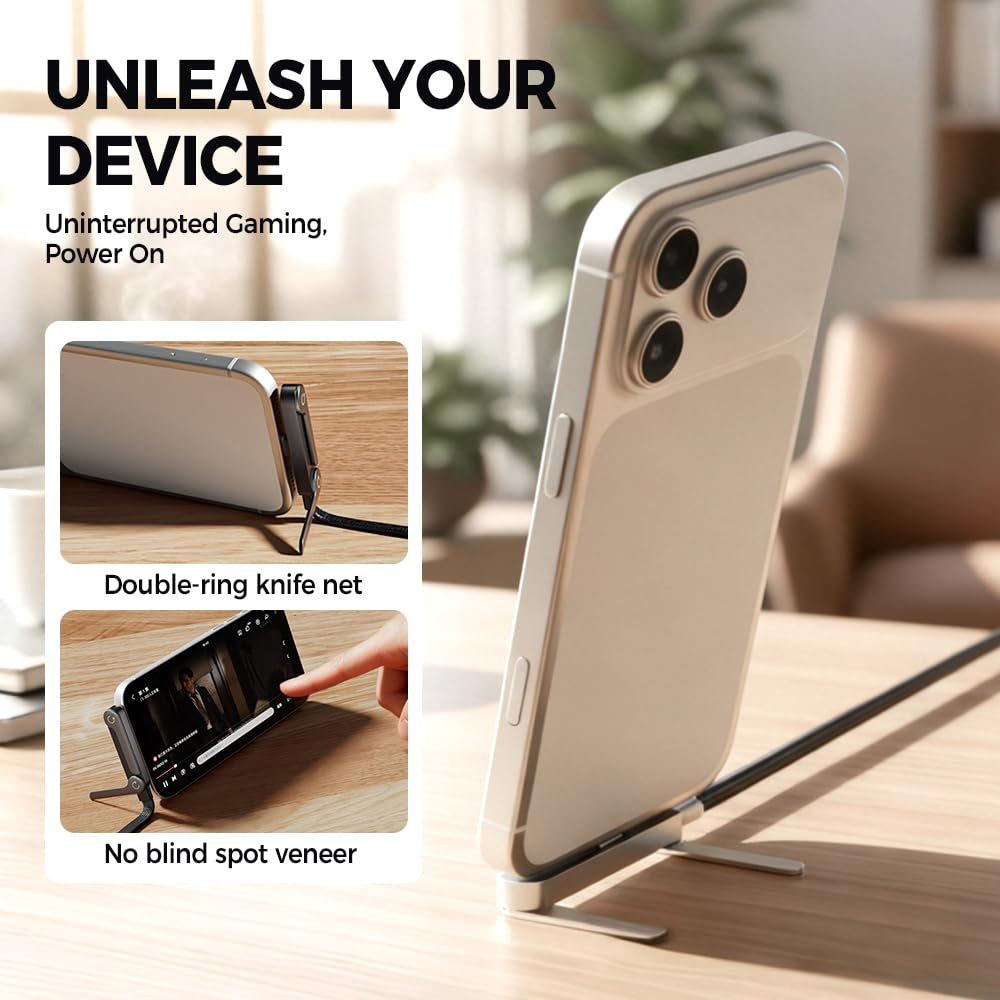 Ein Handy steht auf einem Tisch, daneben zwei Detailaufnahmen.