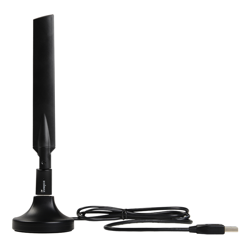 Een zwarte Edimax antenne met USB-kabel op witte achtergrond.