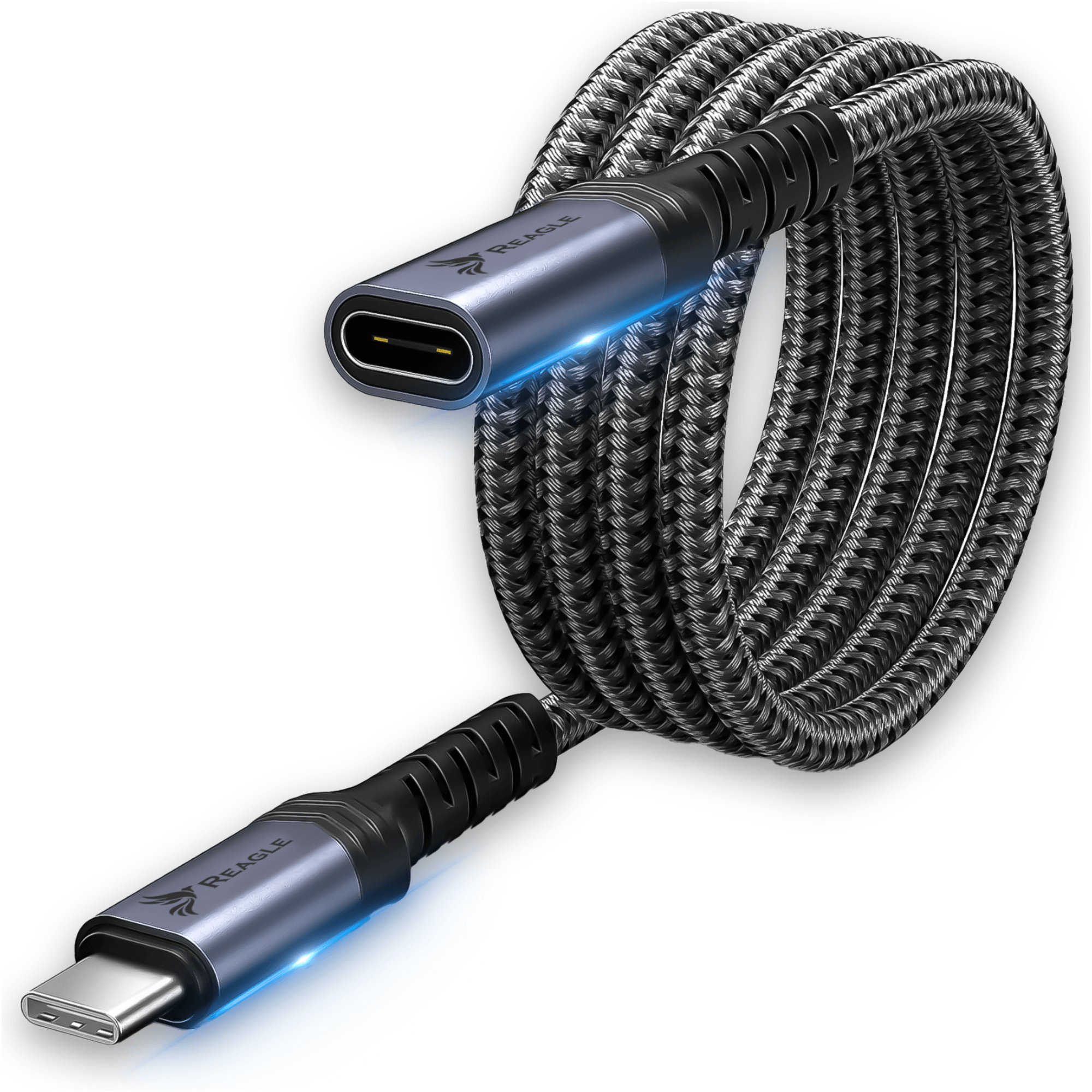 Płócienny kabel USB-C ze srebrnymi złączami i niebieską poświatą.