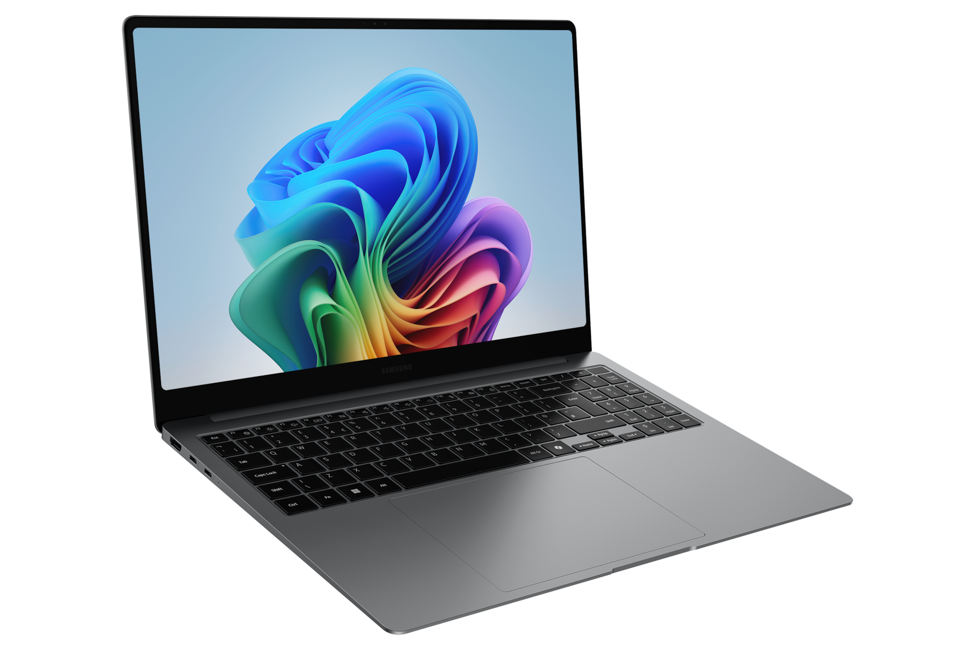 Ein graues Samsung-Notebook mit einem bunten, abstrakten Hintergrund auf dem Bildschirm.