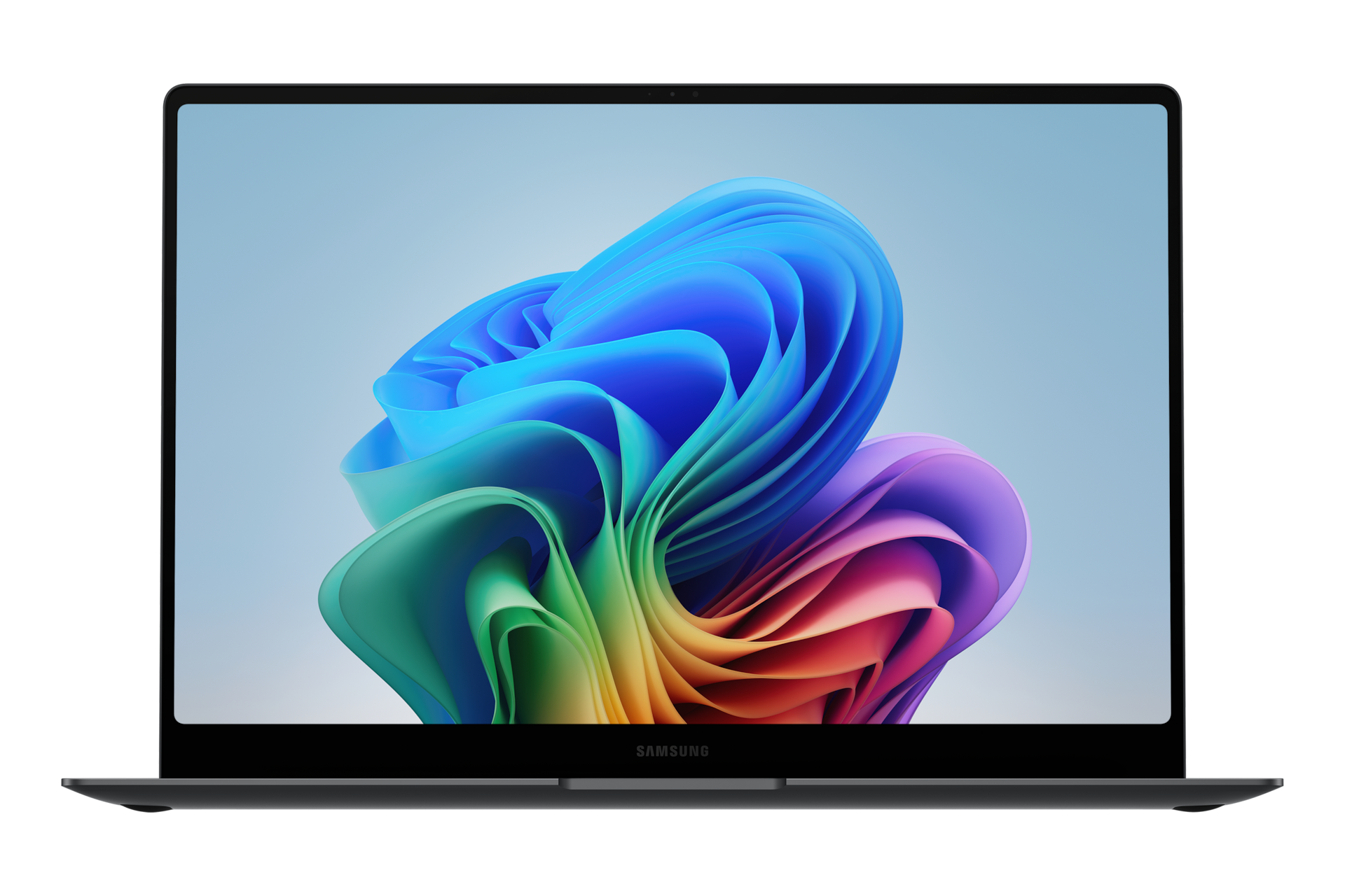Ein schlankes Samsung-Laptop mit einem bunten, abstrakten Hintergrundbild.