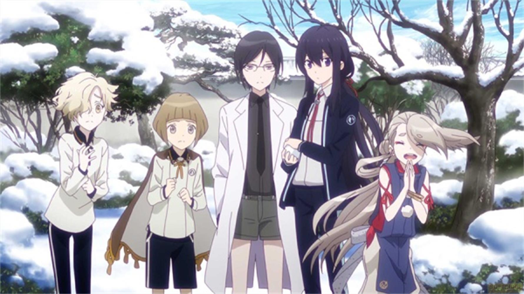 Cinque personaggi anime in piedi nella neve, alcuni con mantelli, altri con cappotti.