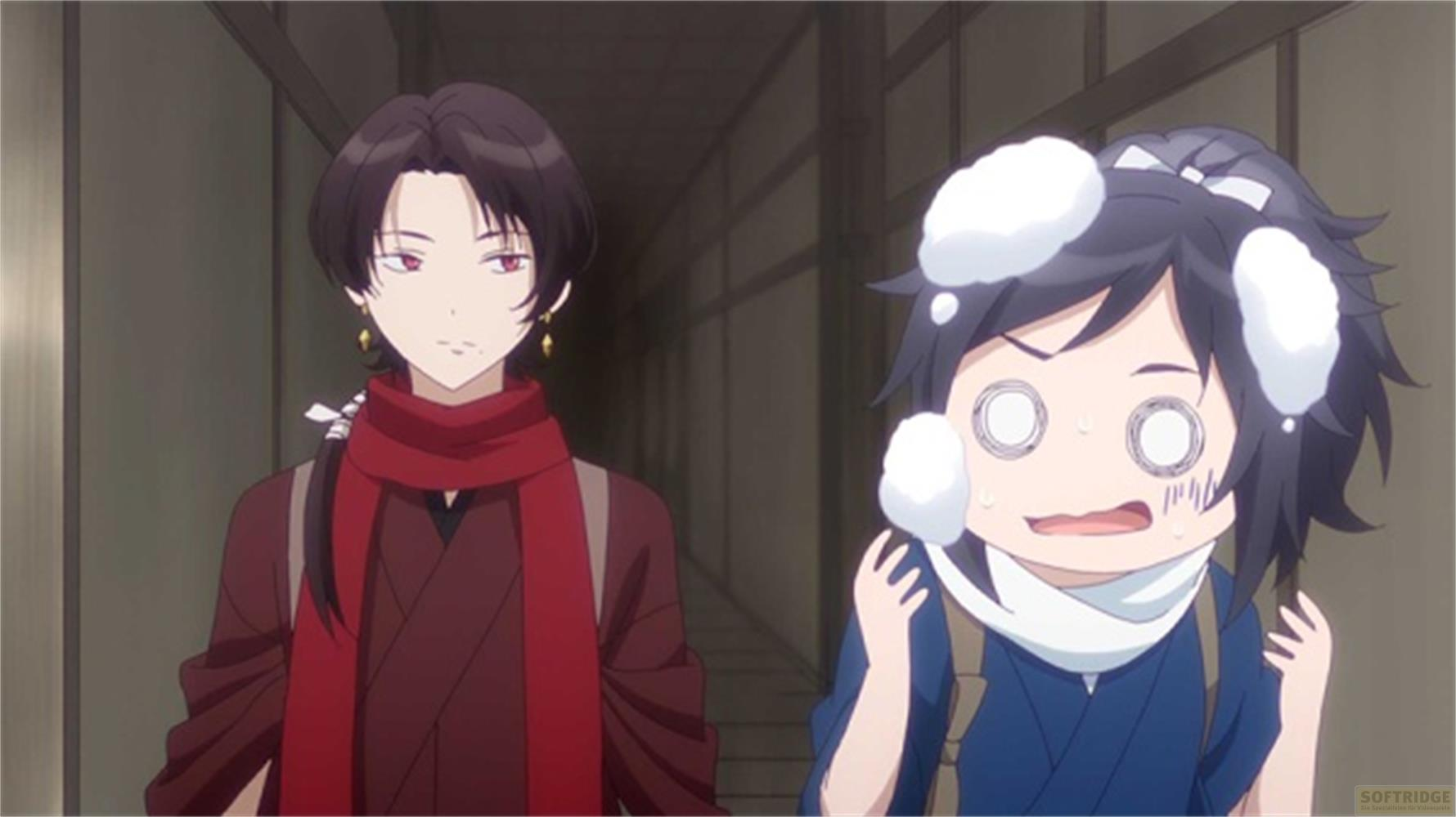 Due personaggi anime, uno con sciarpa rossa, l'altro con palle di neve nei capelli.