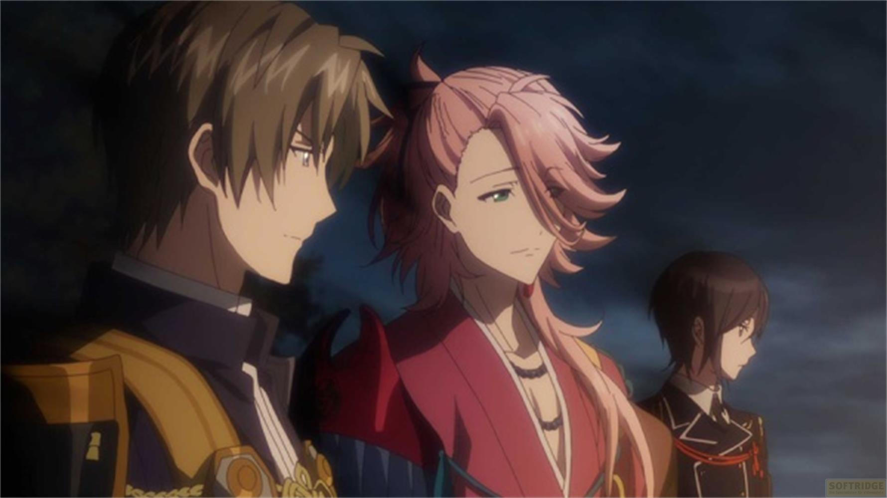 Tre personaggi anime su sfondo scuro. Due davanti, uno dietro.