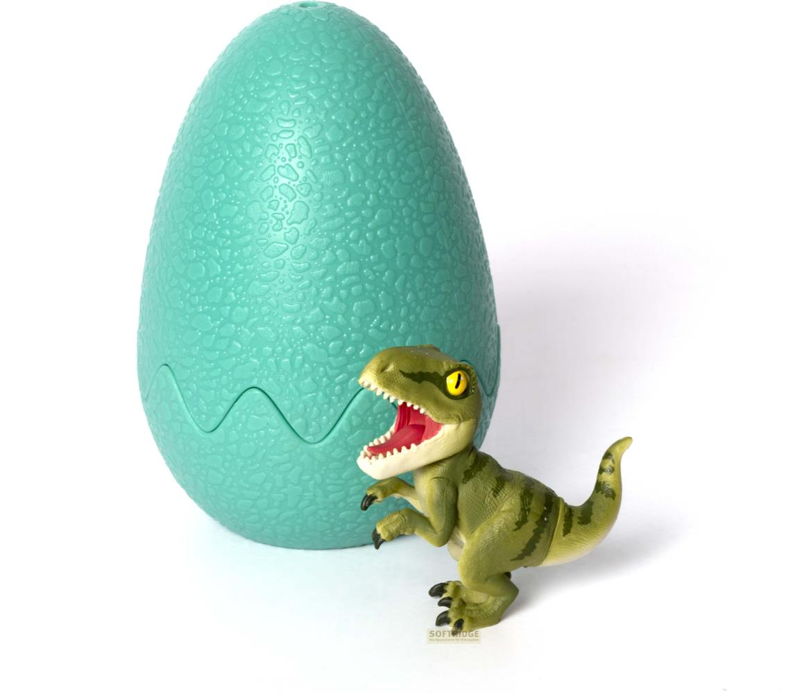Ein grüner Spielzeug-Dinosaurier steht neben einem großen, türkisfarbenen Dino-Ei.