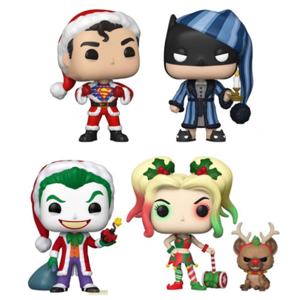 Vier Weihnachts-Pop-Figuren: Superman, Batman, Joker und Harley Quinn mit Rentier.