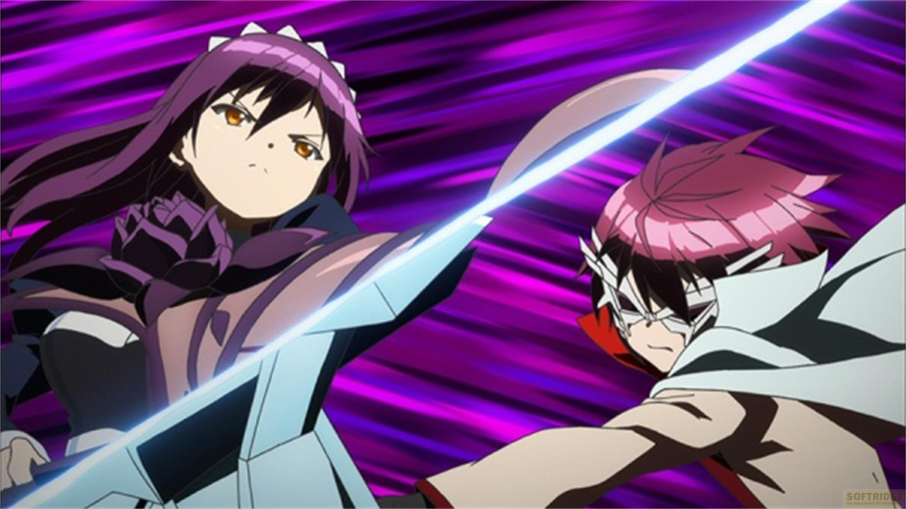 Due personaggi anime brandiscono spade su uno sfondo viola.