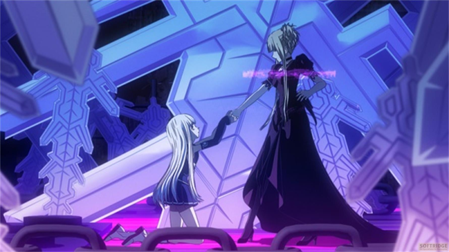 Due figure anime si stringono la mano davanti a uno sfondo blu cristallino.