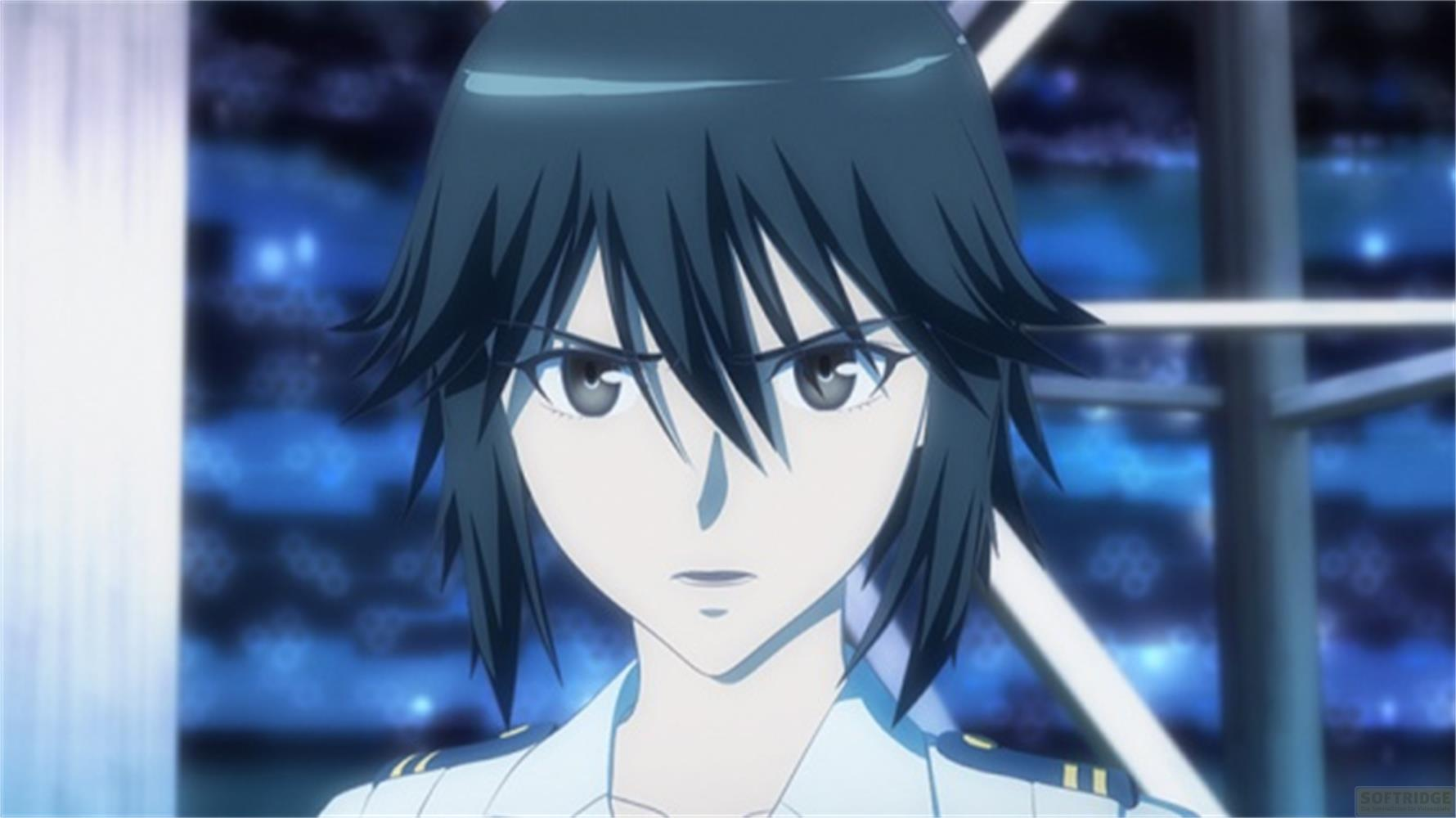 Ragazza anime con capelli scuri, indossa uniforme bianca, sguardo serio.