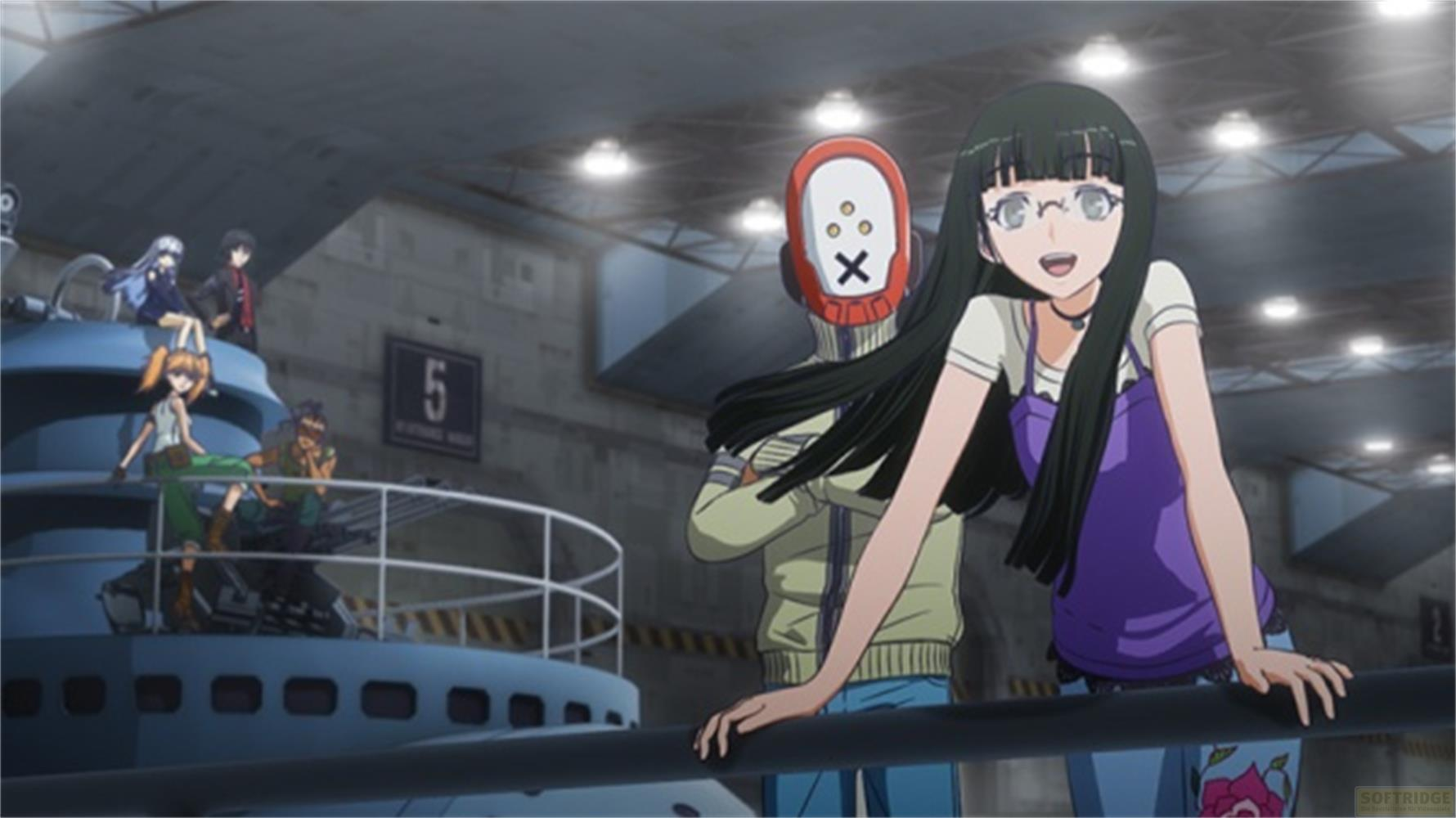 Personaggi anime in un ambiente di fabbrica con un oggetto simile a un sottomarino.