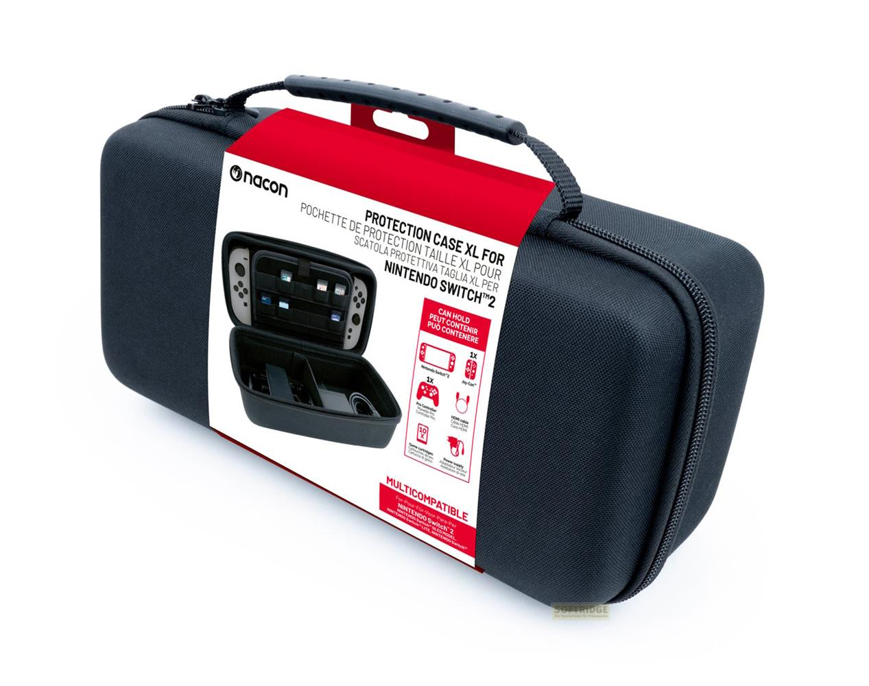 Czarne etui Nintendo Switch XL z otwartą przegrodą pokazującą gry i akcesoria.