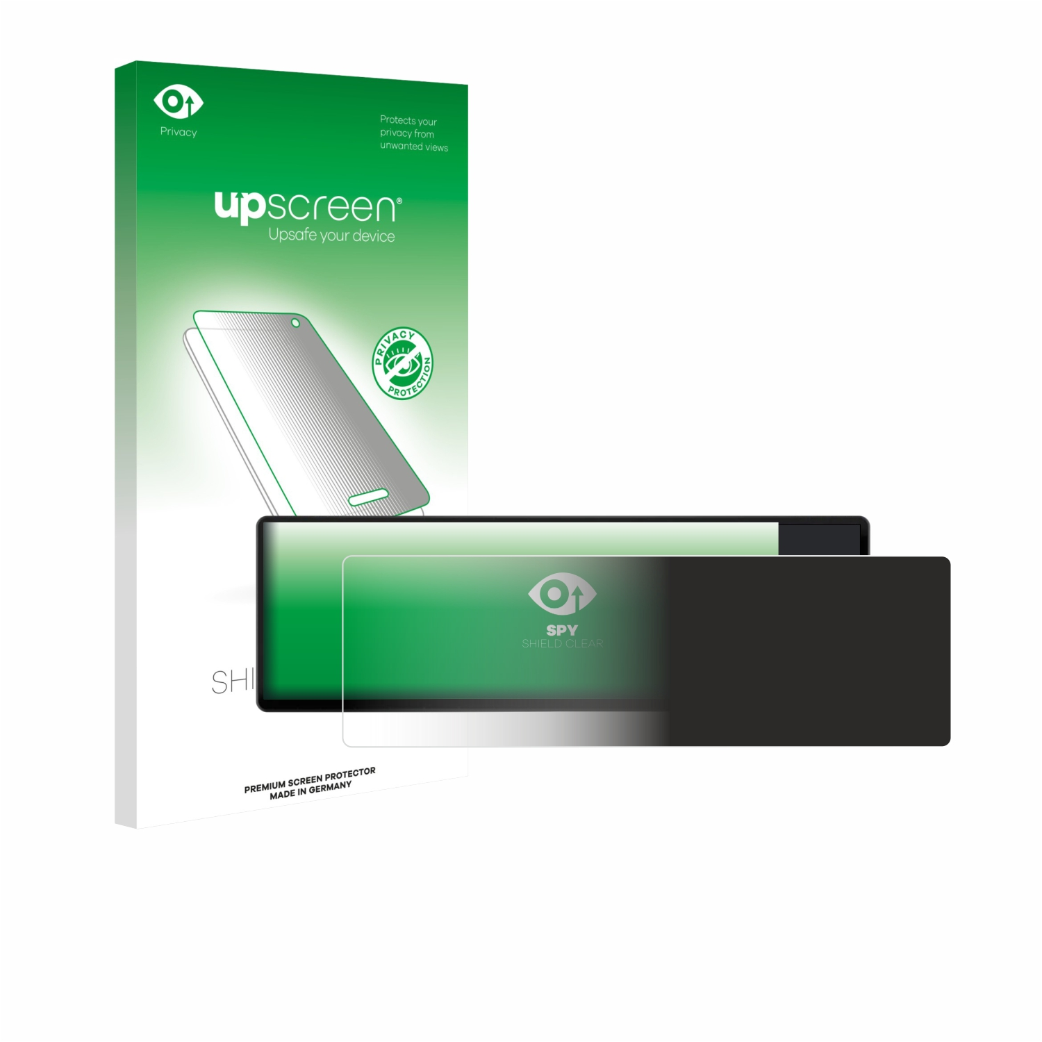 Verpackung und Displayschutzfolie für ein Handy, mit dem Aufdruck 'upscreen'.