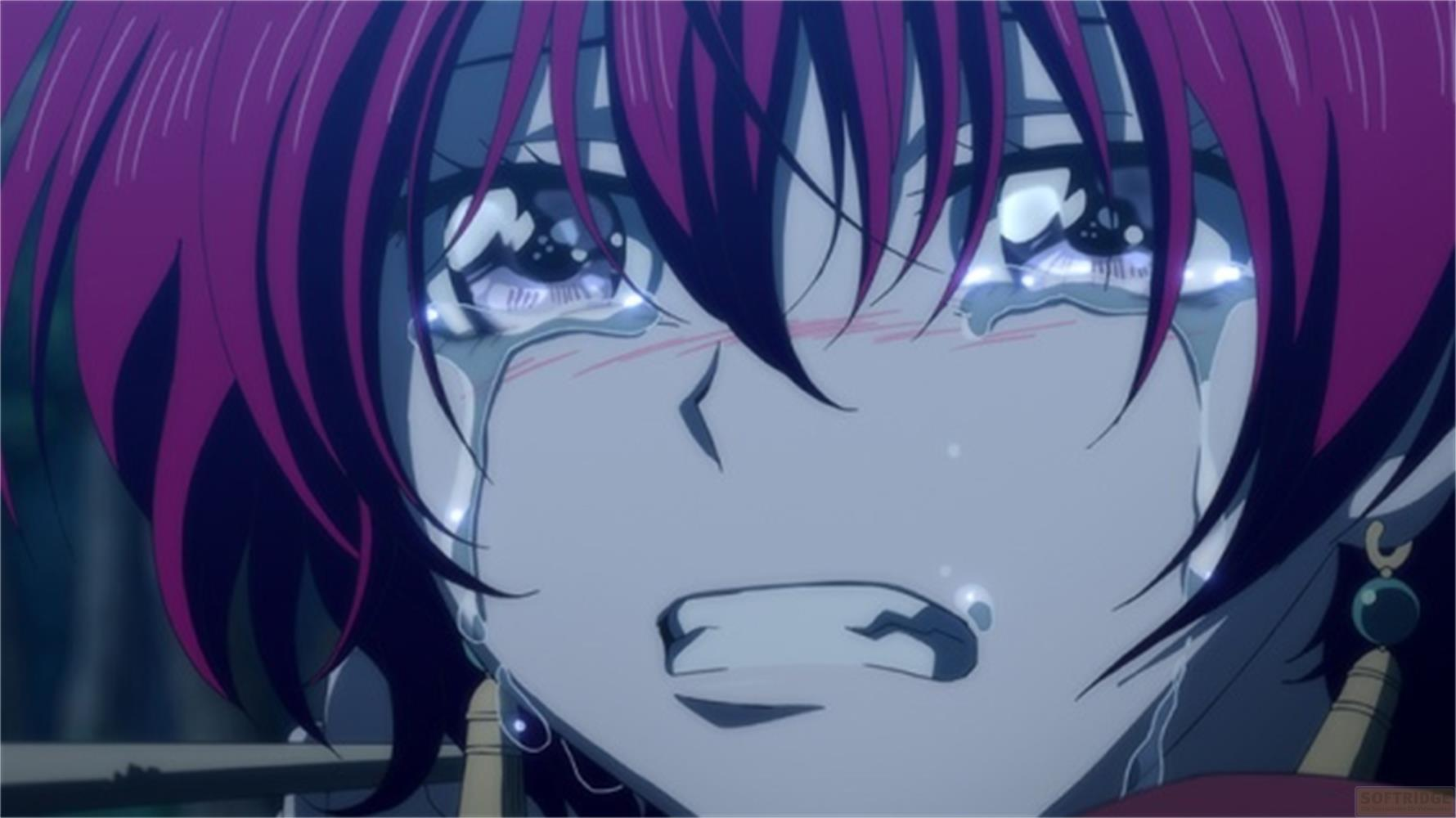 Ragazza anime con capelli rossi piange, lacrime le rigano il viso.