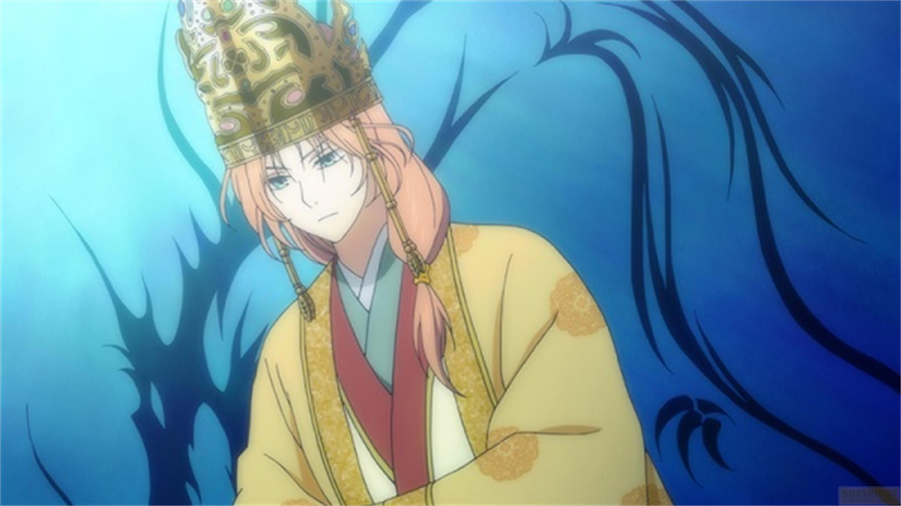 Personaggio anime con corona e veste gialla, su sfondo blu.