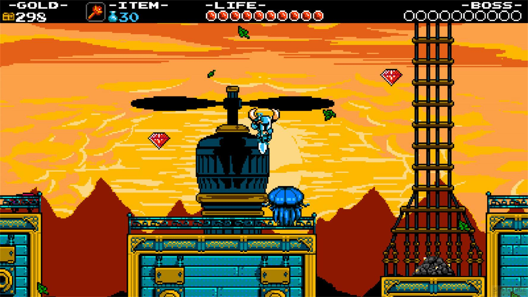 Shovel Knight steht auf einem Turm unter einem orangefarbenen Himmel.