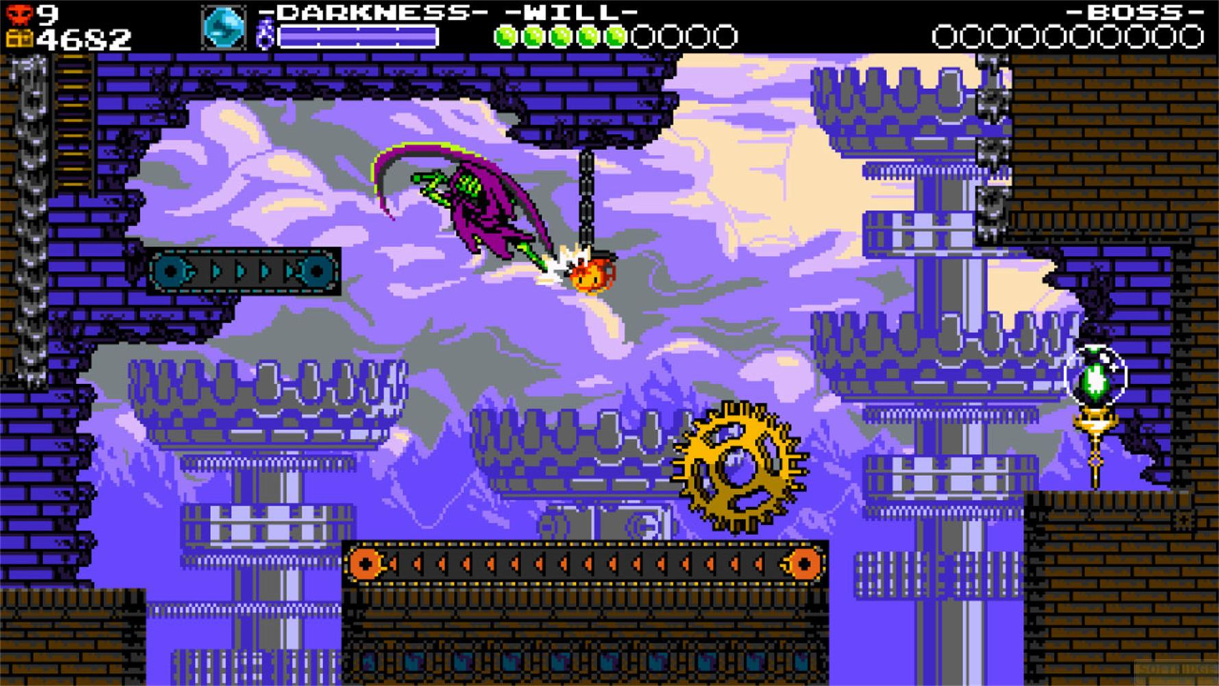 Ein lila Drache kämpft gegen einen orangefarbenen Ball auf einer Plattform.