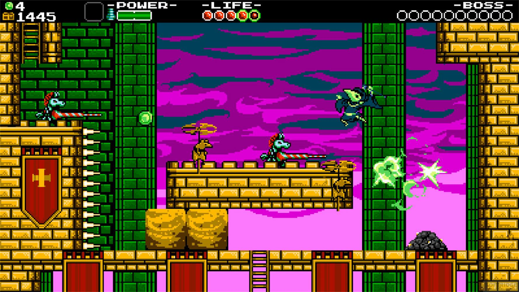 Ein pixeliges 2D-Spiel mit einem blauen Wesen, das auf einer gelben Plattform steht.