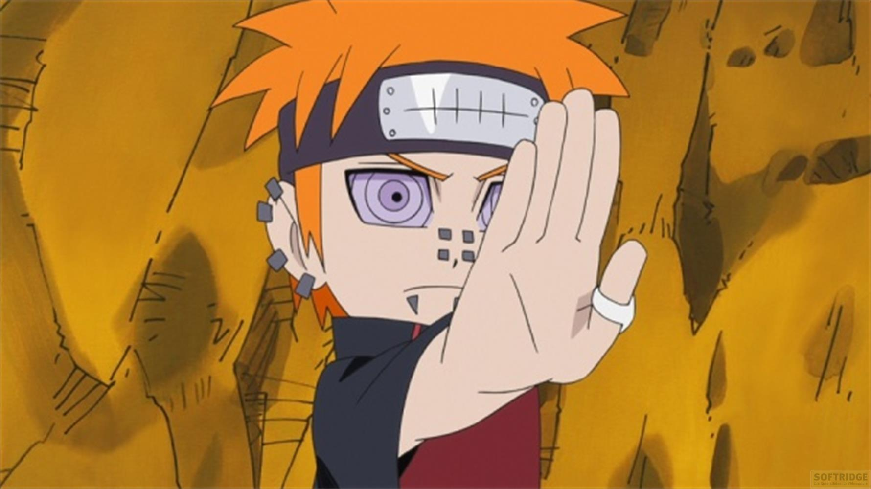 Un personaggio anime con capelli arancioni e occhi viola alza la mano.